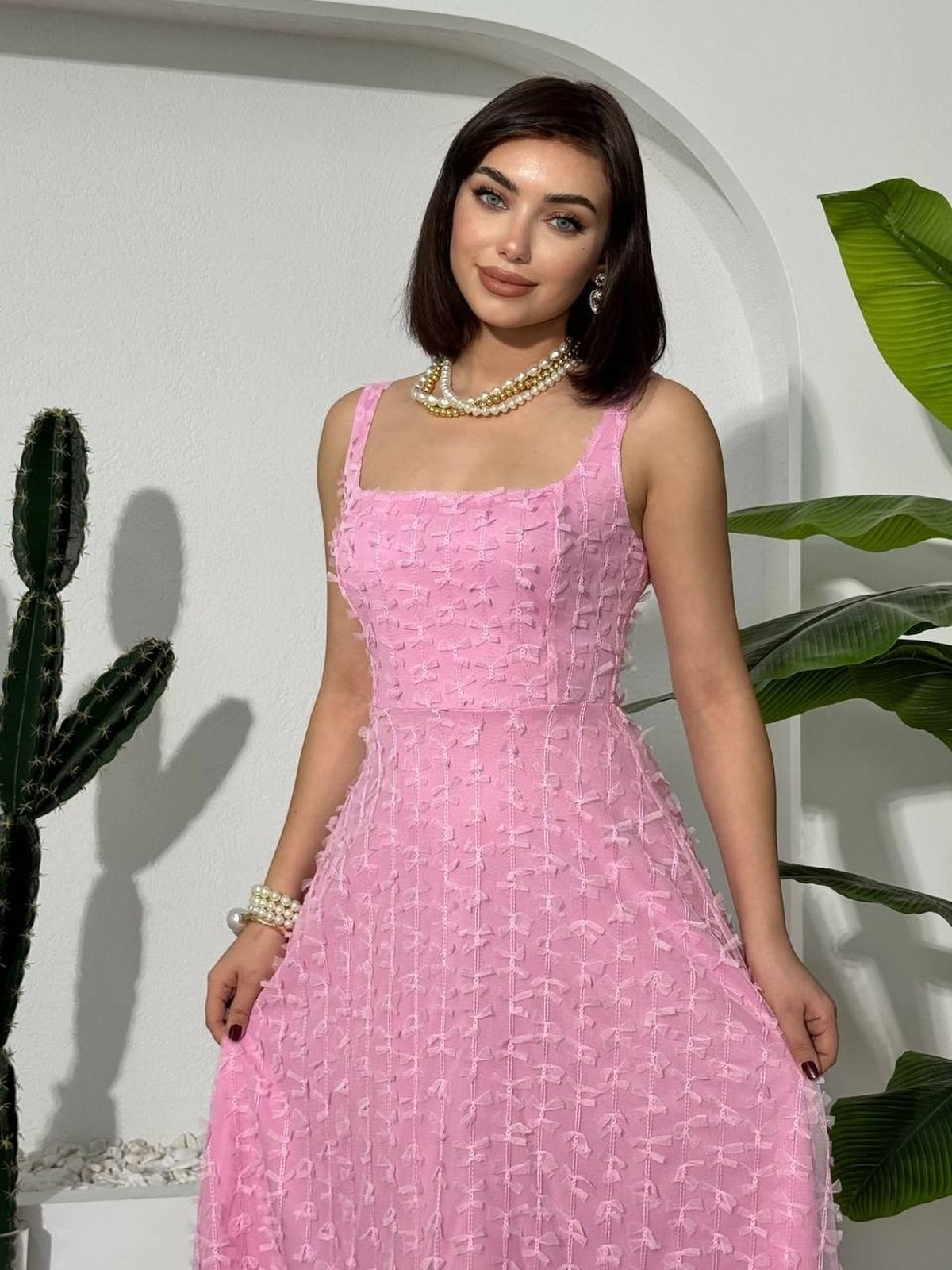 Pink Sleeveless Midi Dress with Bow Pattern - Etika - by Peralane - photo 6