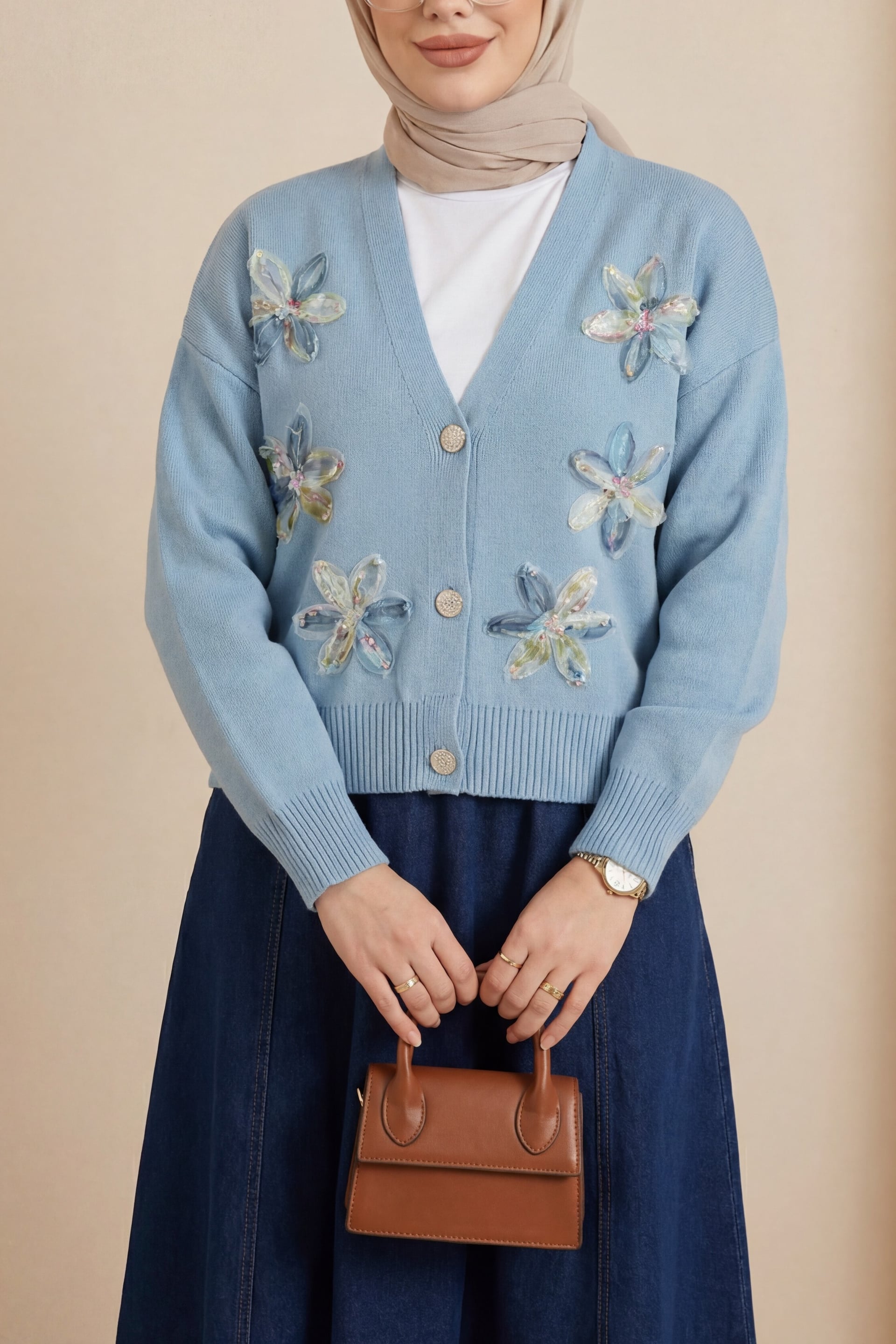 Sequin and Floral Appliqué Button-Front Knit Cardigan - Blue - Podyumplus - by Peralane - photo 4