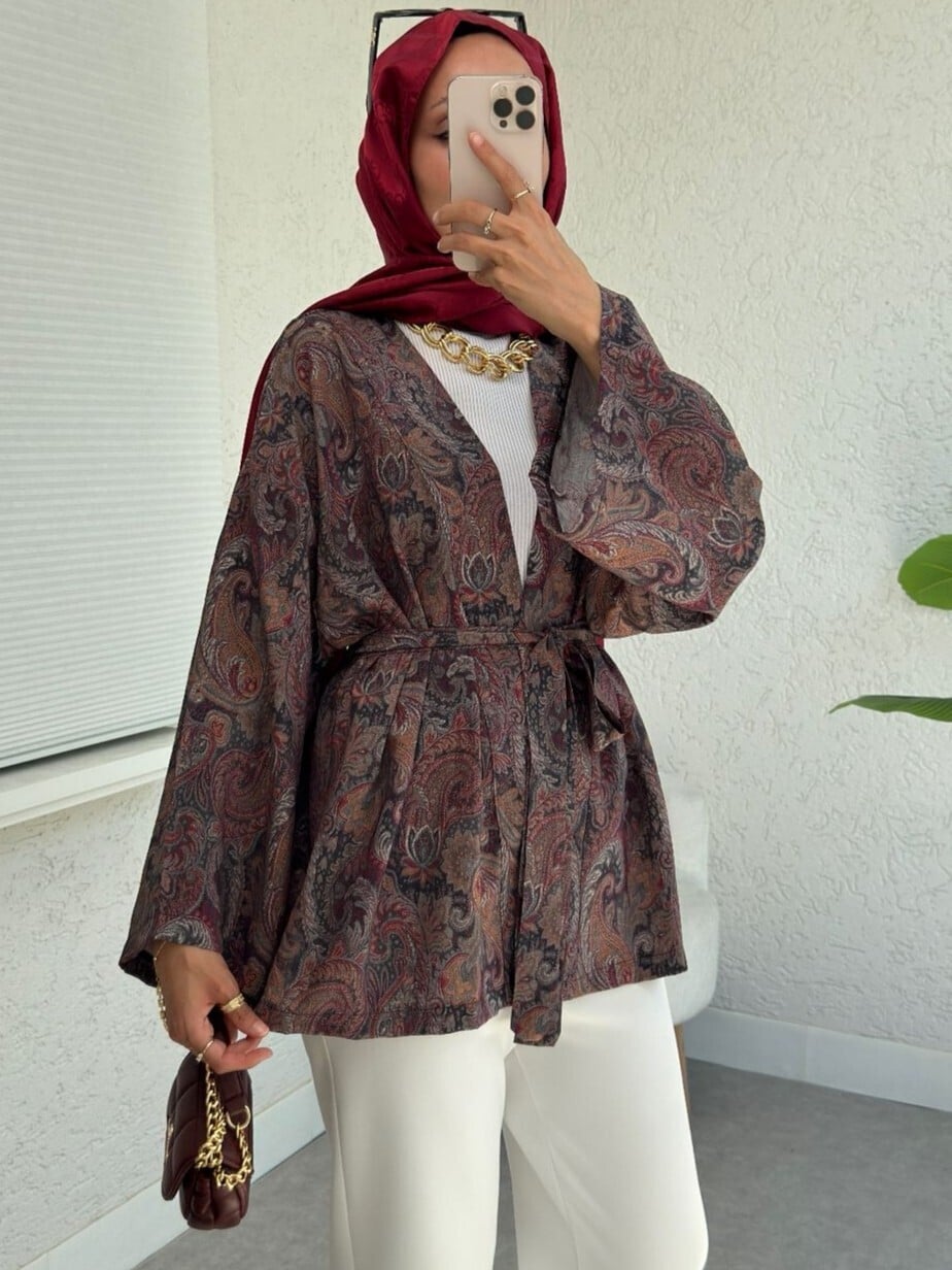 Ethnic Print Tie Waist Kimono in Brown - Podyumplus - by Peralane - photo 5