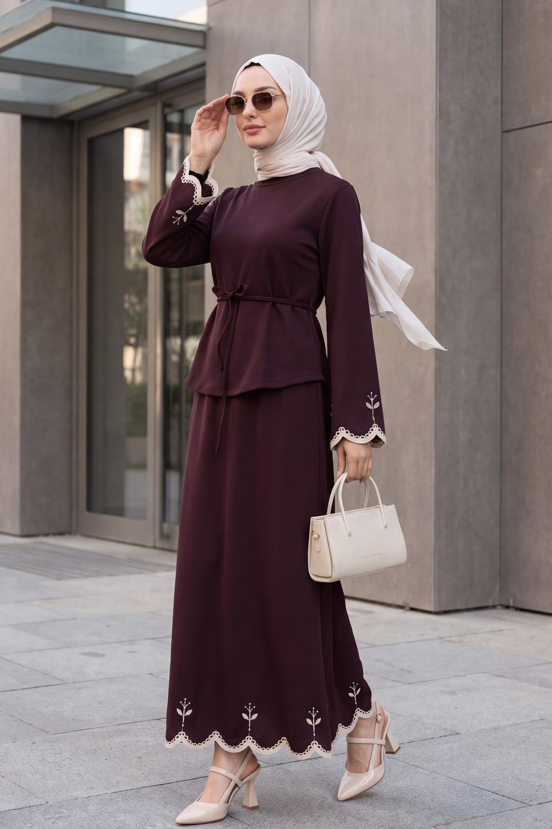 Embroidered Belted Maxi Skirt Set with Top - Plum - Podyumplus - by Peralane - photo 2