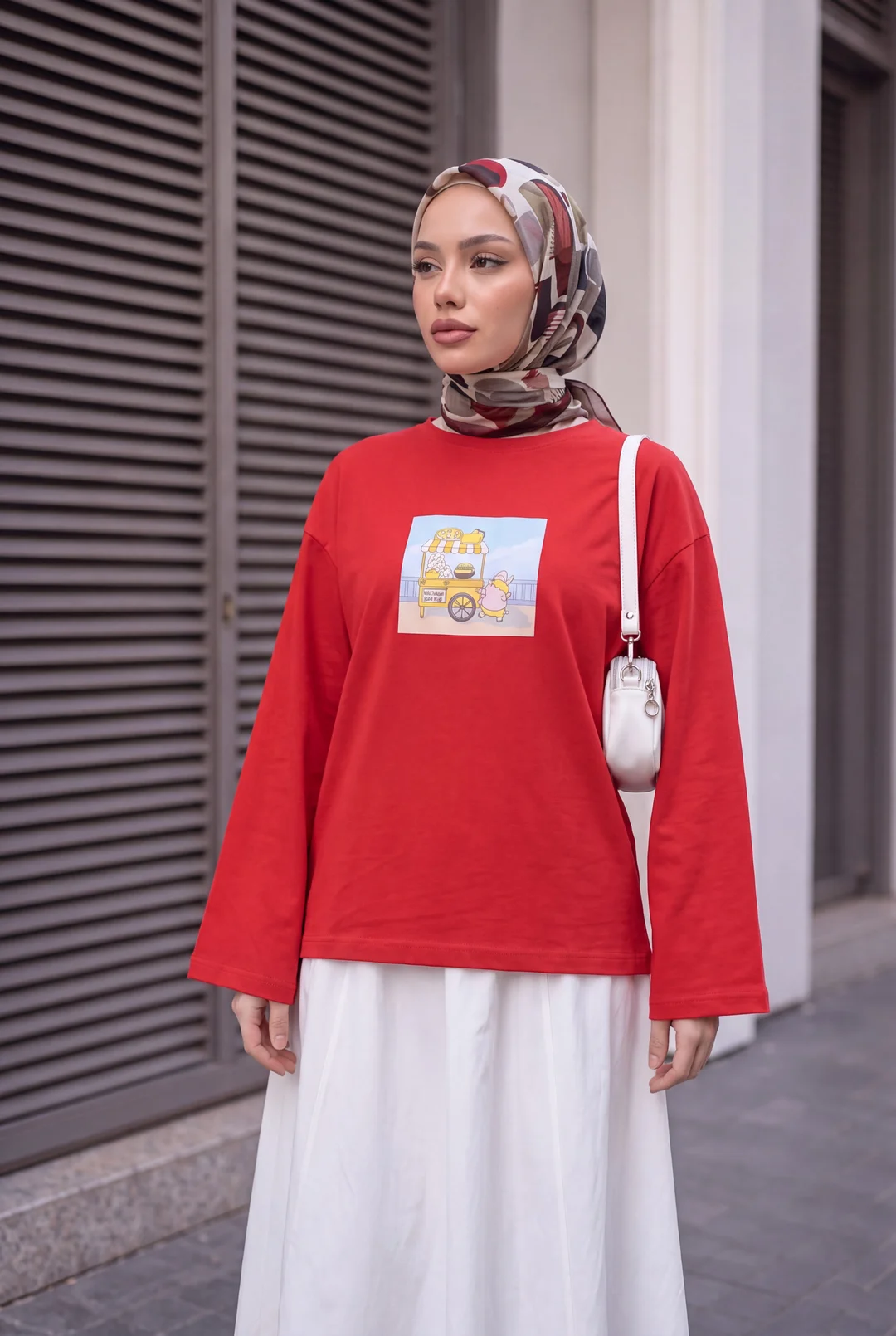 Crew Neck Printed Relaxed Cotton Sweatshirt - Red - Podyumplus - by Peralane - photo 3