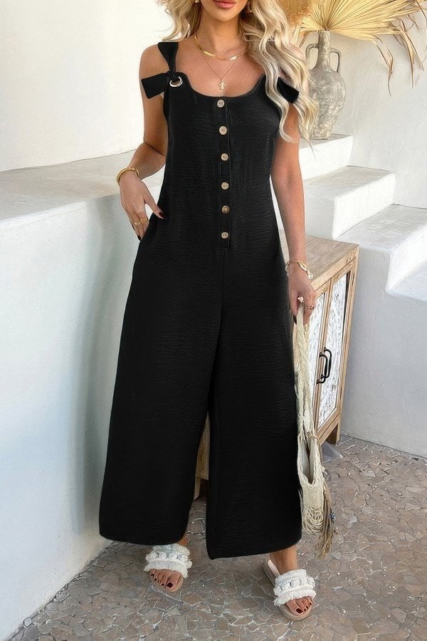 Black Sleeveless Button-Front Jumpsuit with Square Neckline - Janes - by Peralane - photo 2