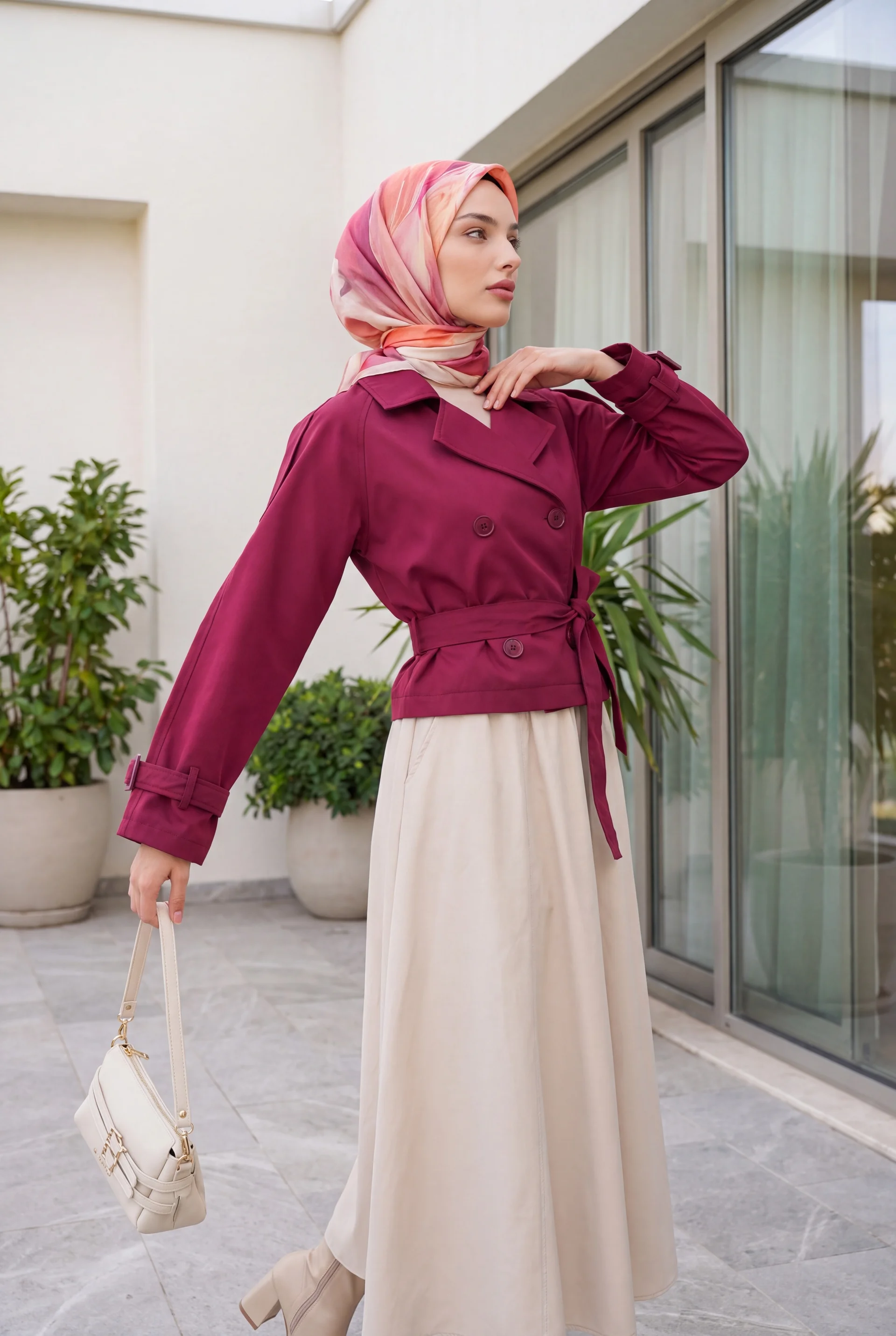 Women's Belted Short Trench Coat 5970 - Burgundy - Wholeskop - by Peralane - photo 4