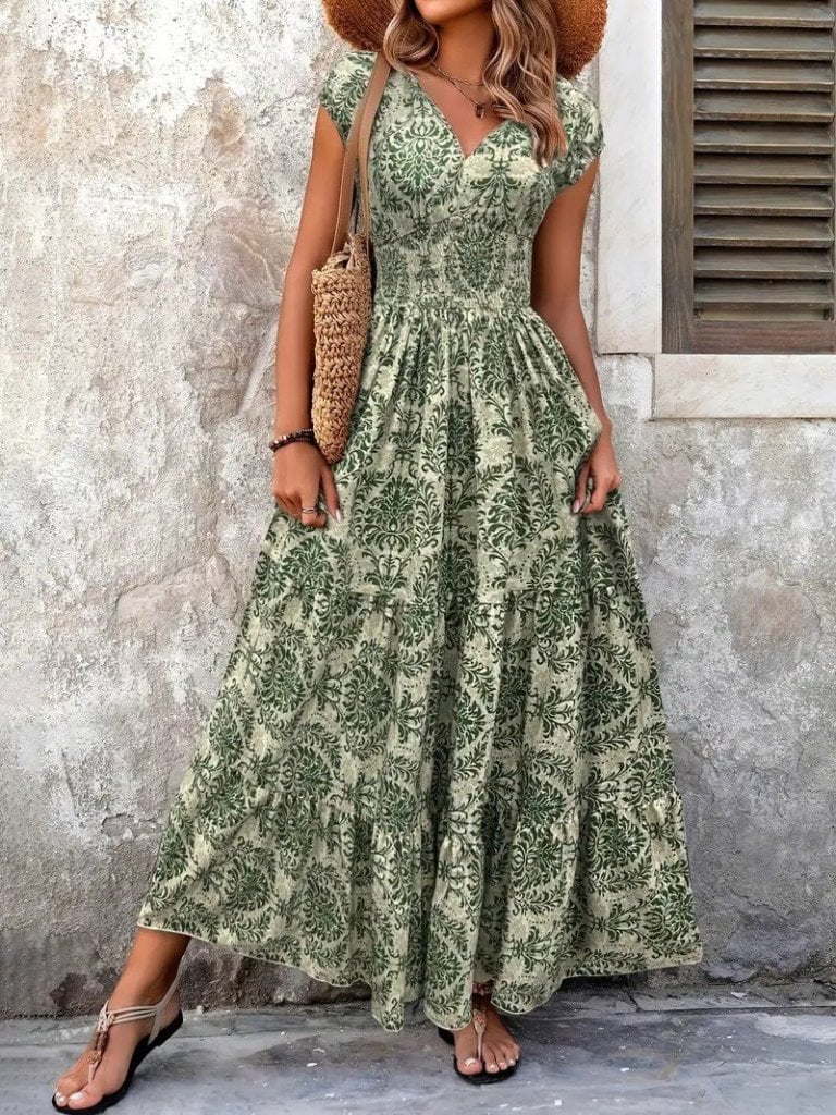 Women's Short Sleeve Wrap V-Neck Smocked Waist Maxi Dress with Damask Print - Janes - by Peralane - photo 2
