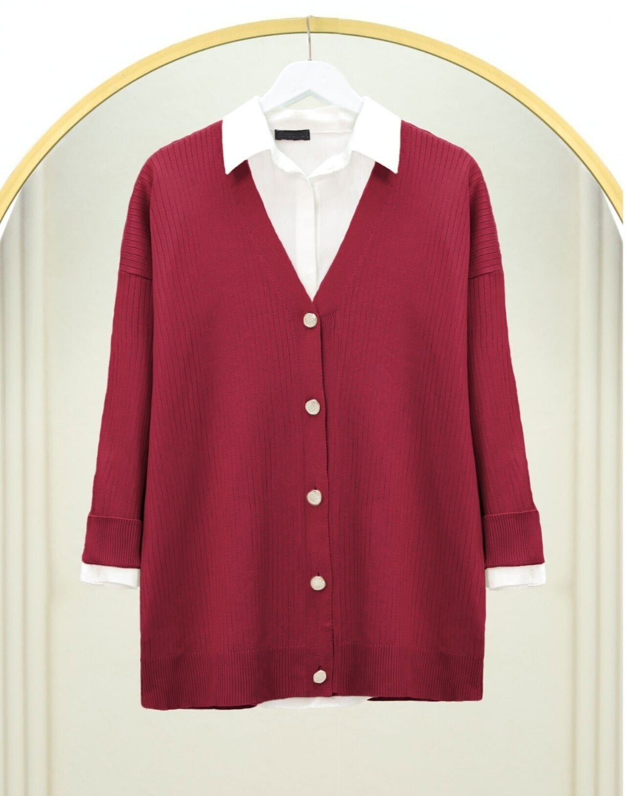 Women's Red Ribbed Knit Cardigan with Buttons - Podyumplus - by Peralane - photo 3