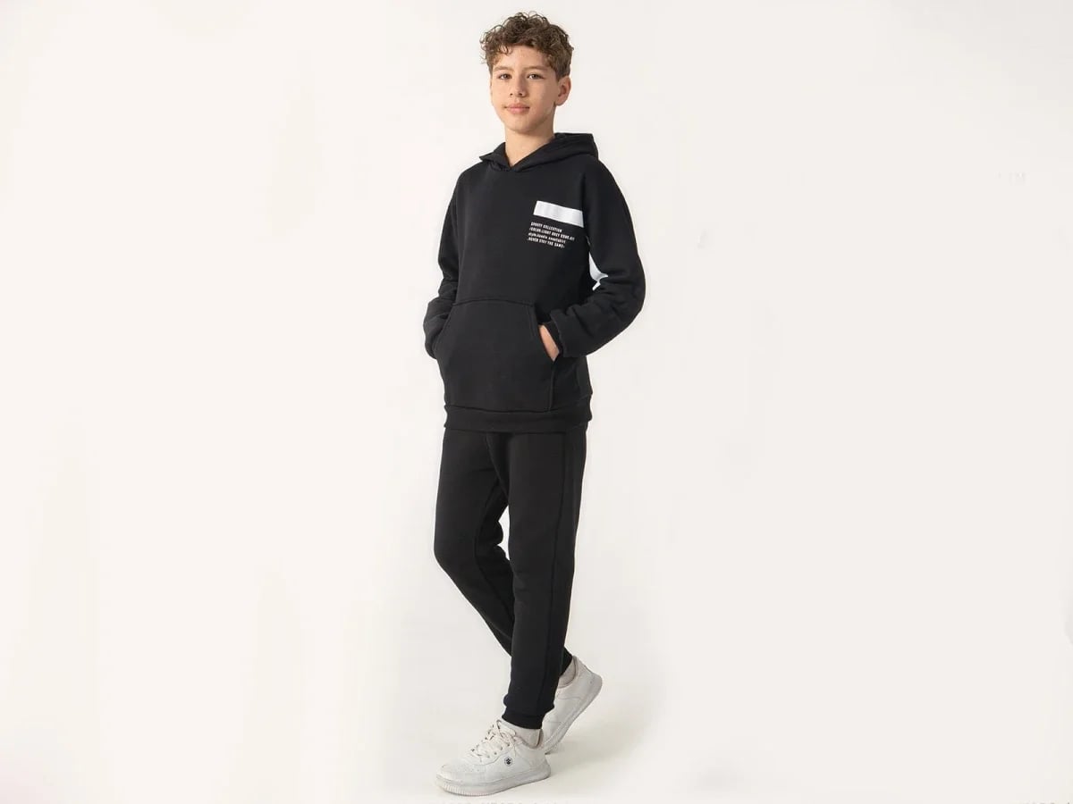 Boys' Black Hooded Tracksuit Set with White Stripe - Ruhat Kids - by Peralane