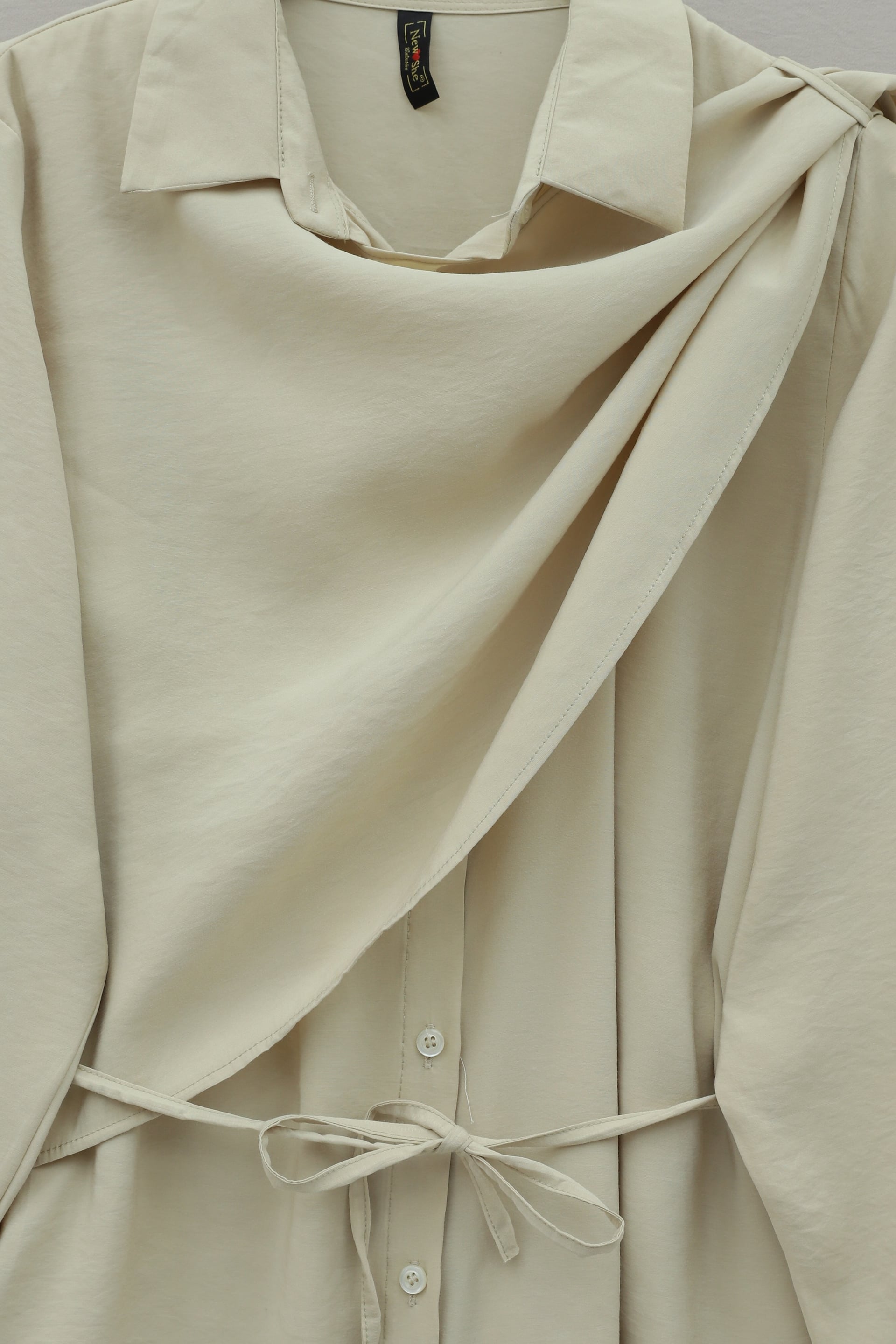 Beige Double-Layer Shoulder Detail Lace-Up Button Modal Blouse - Podyumplus - by Peralane - photo 3