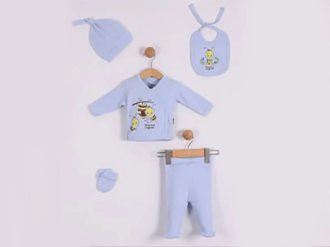 Bee Print 5-Piece Hospital Discharge Set with Bodysuit, Pants, Bib, Hat, and Mittens - Blue - Findik Bebe - by Peralane