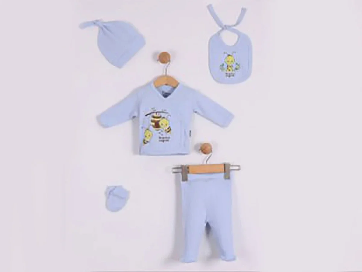 Bee Print 5-Piece Hospital Discharge Set with Bodysuit, Pants, Bib, Hat, and Mittens - Blue - Findik Bebe - by Peralane