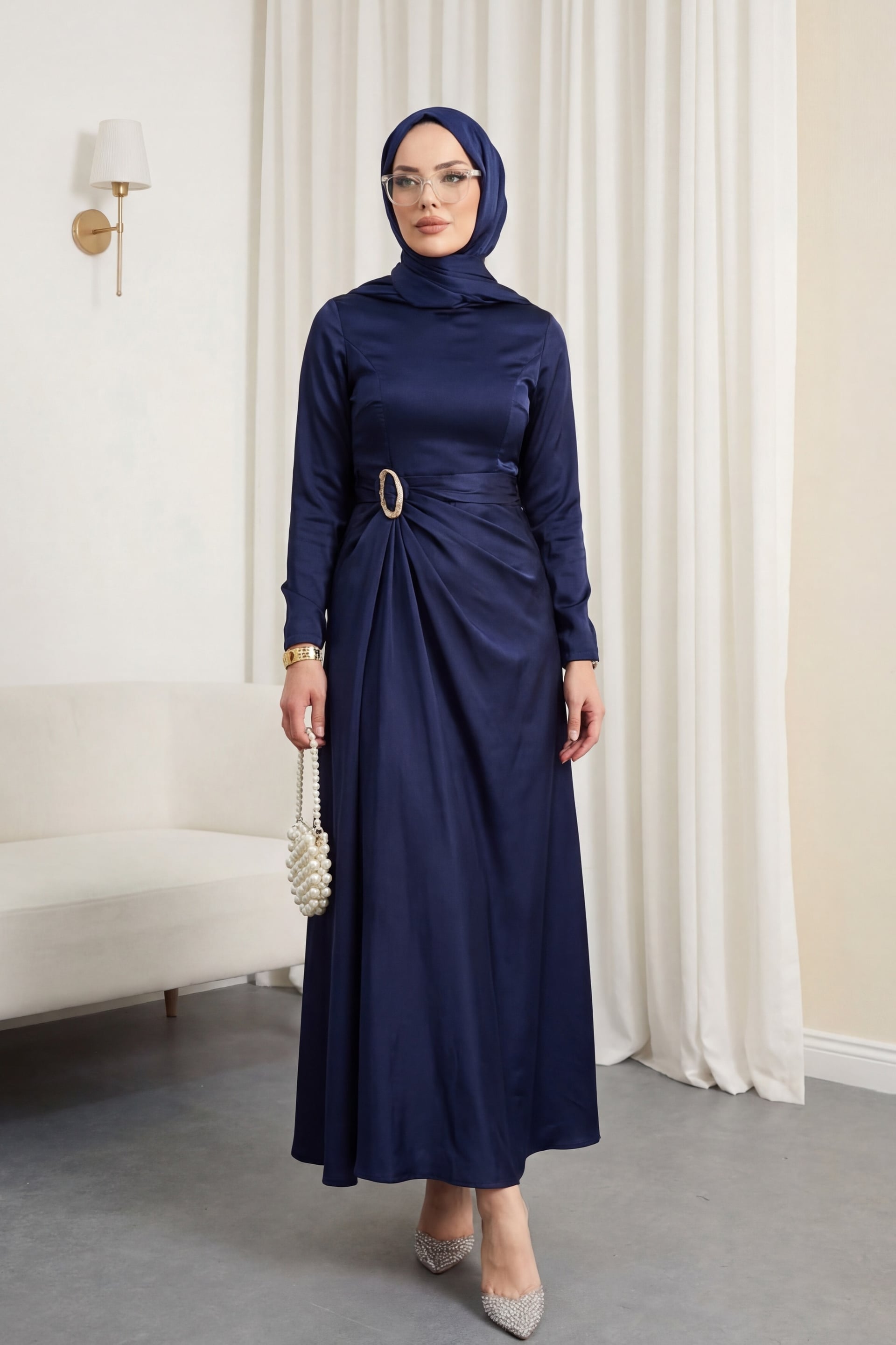 Navy Blue Draped Waist Satin Dress - Podyumplus - by Peralane - photo 2