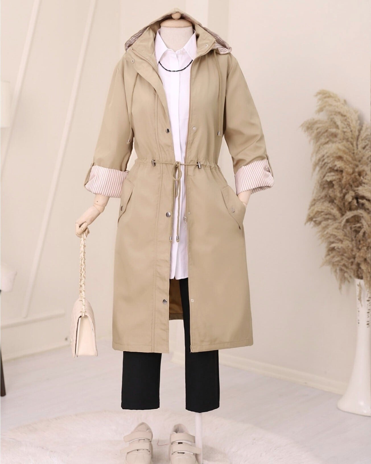 Beige Hooded Lined Trench Coat with Removable Hood and Striped Cuffs - Podyumplus - by Peralane - photo 8