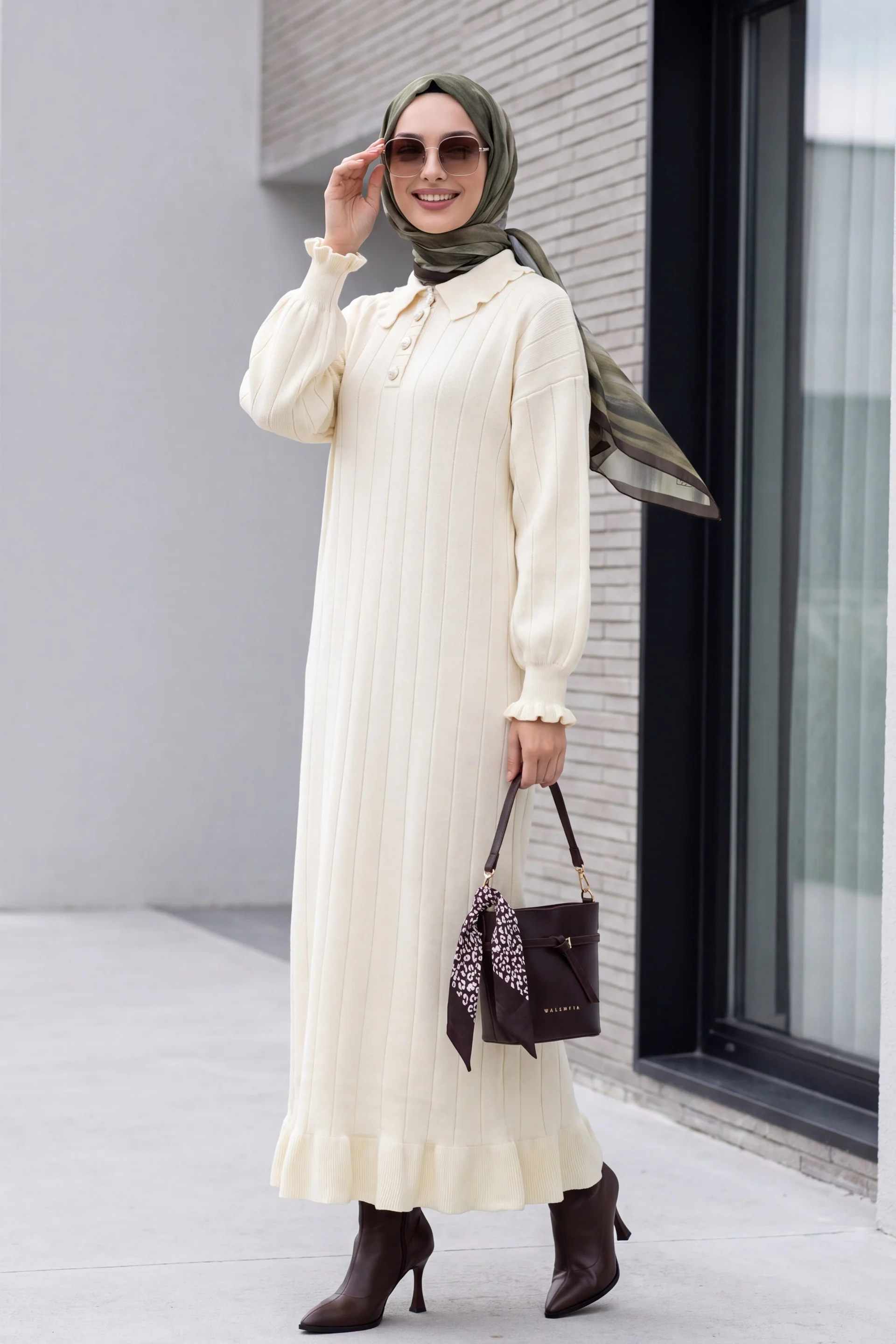 Cream Ruffled Collar and Hem Button Detail Knit Dress - Podyumplus - by Peralane - photo 3