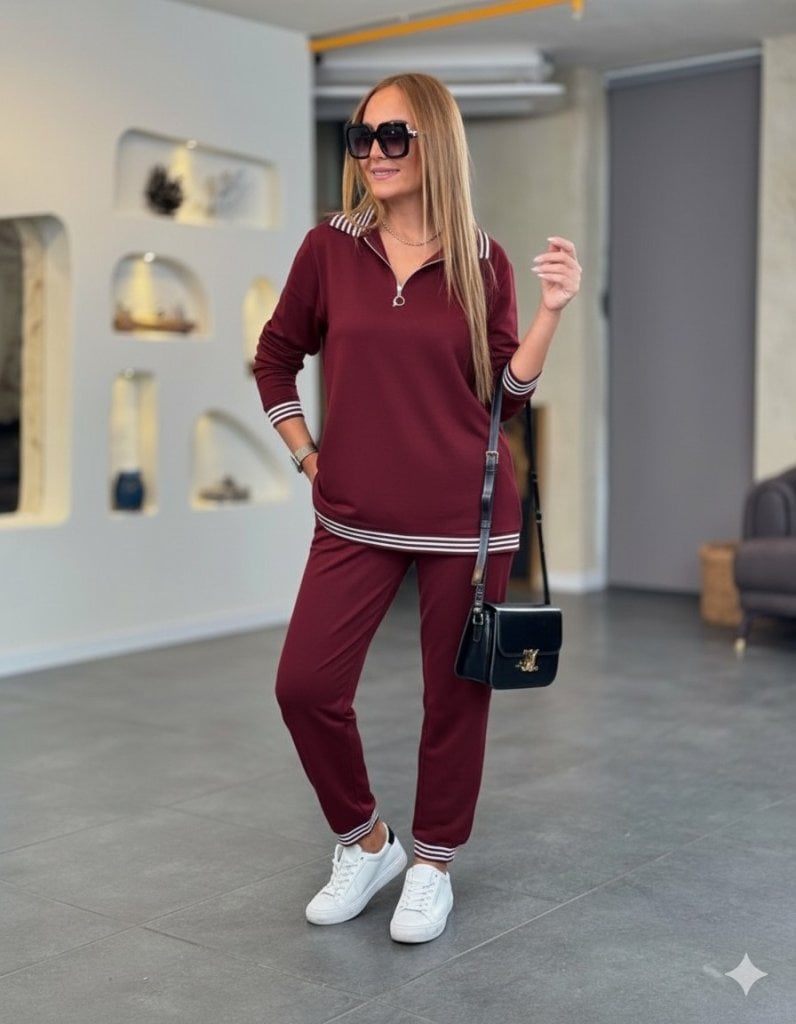 Women's Long-Sleeve Quarter-Zip Tracksuit Set with Striped Trim - Janes - by Peralane
