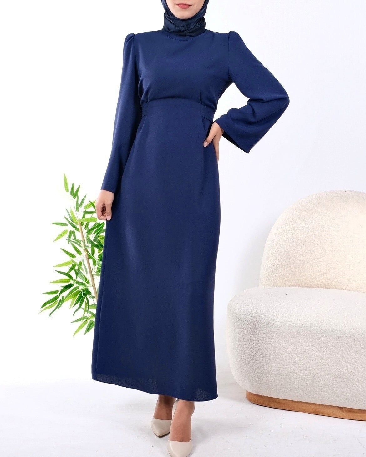 Long-Sleeved High Neck Tie-Waist Dress in Parliament Blue - Podyumplus - by Peralane - photo 4