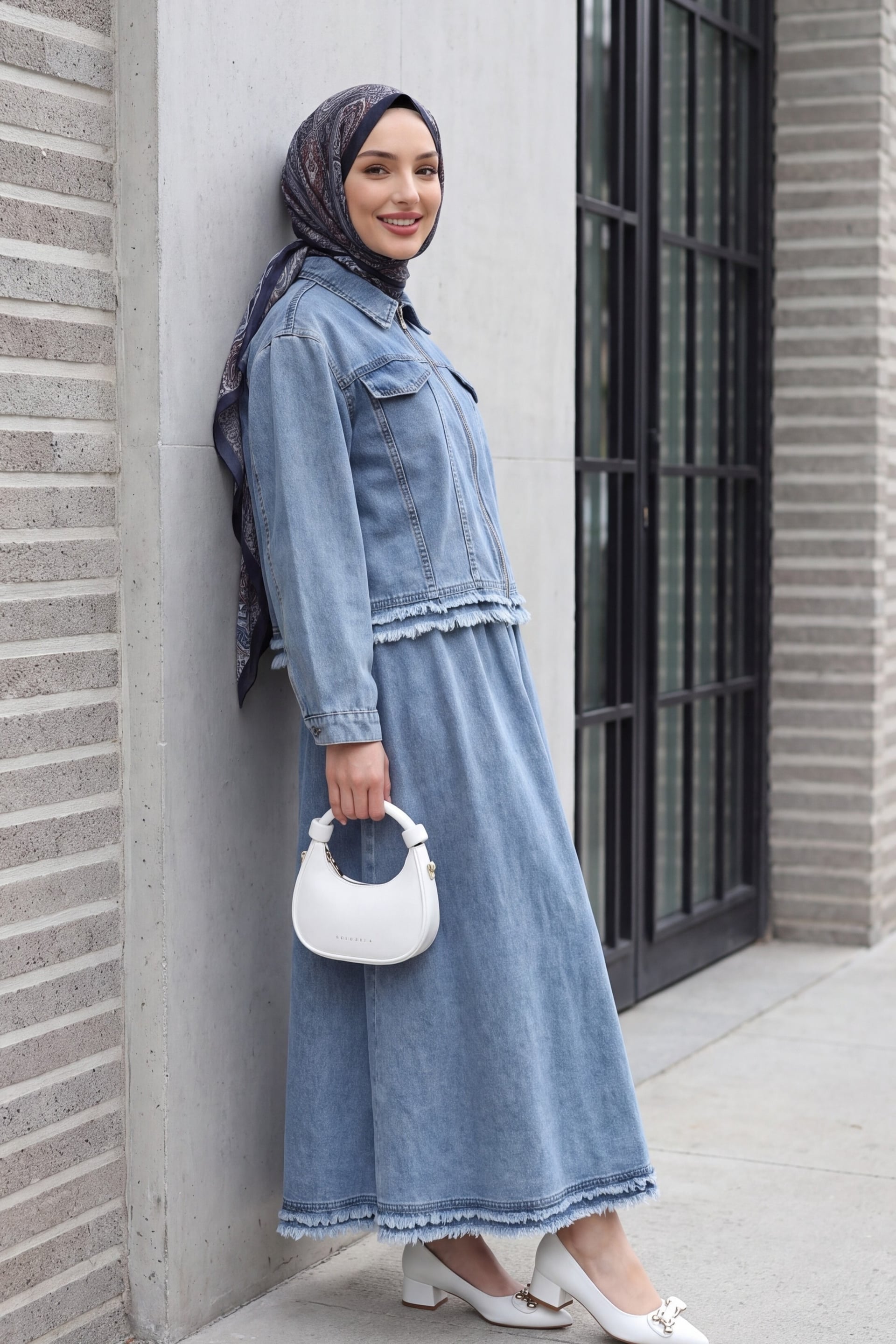 Fringe Zip Front Pocket Detail Denim Jacket and Skirt Co-ord Set - Ice Blue - Podyumplus - by Peralane