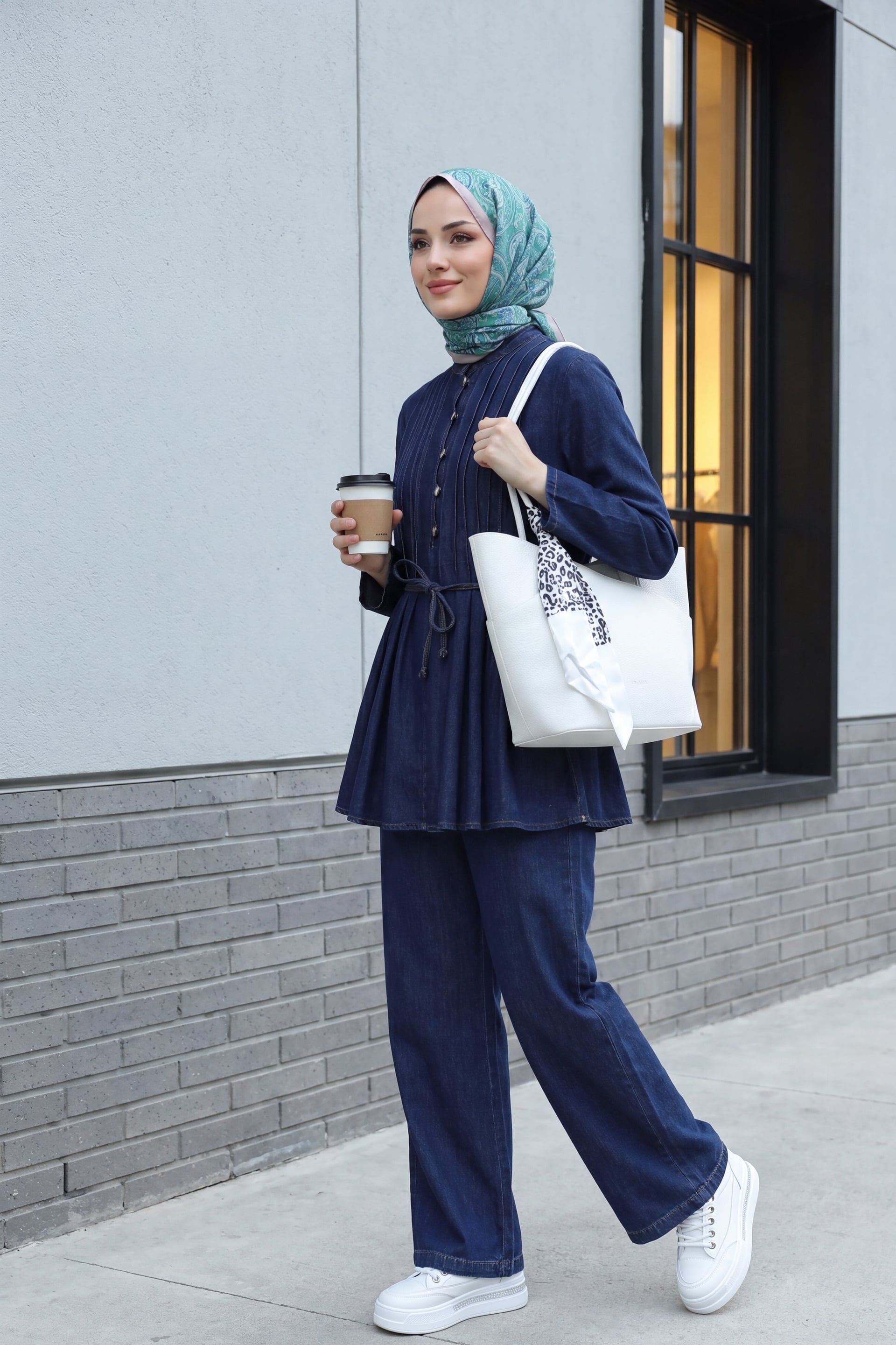Half Button Front Pleated Tie Waist Denim Tunic and Trousers Set - Dark Blue - Podyumplus - by Peralane - photo 3