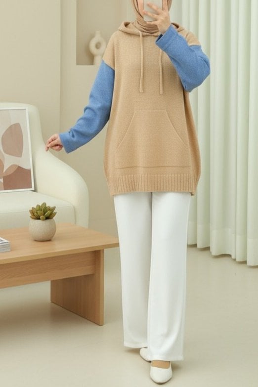 Women's Hooded Knit Sweatshirt with Denim Sleeve Detail and Kangaroo Pocket - Beige - Podyumplus - by Peralane