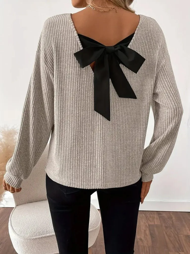Women's Long Sleeve V-Neck Back Ribbon Detail Brushed Knit Blouse - Janes - by Peralane - photo 2
