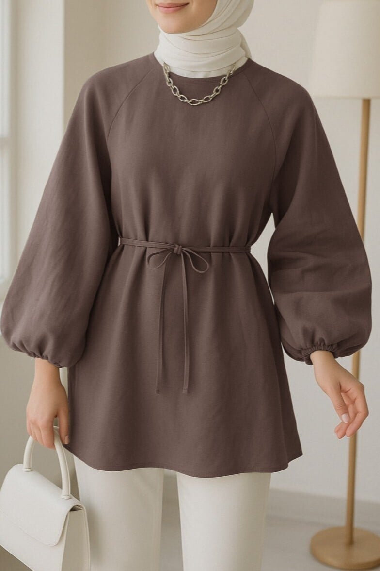 Round Neck Tie Waist Balloon Sleeve Tunic - Light Brown - Podyumplus - by Peralane - photo 7