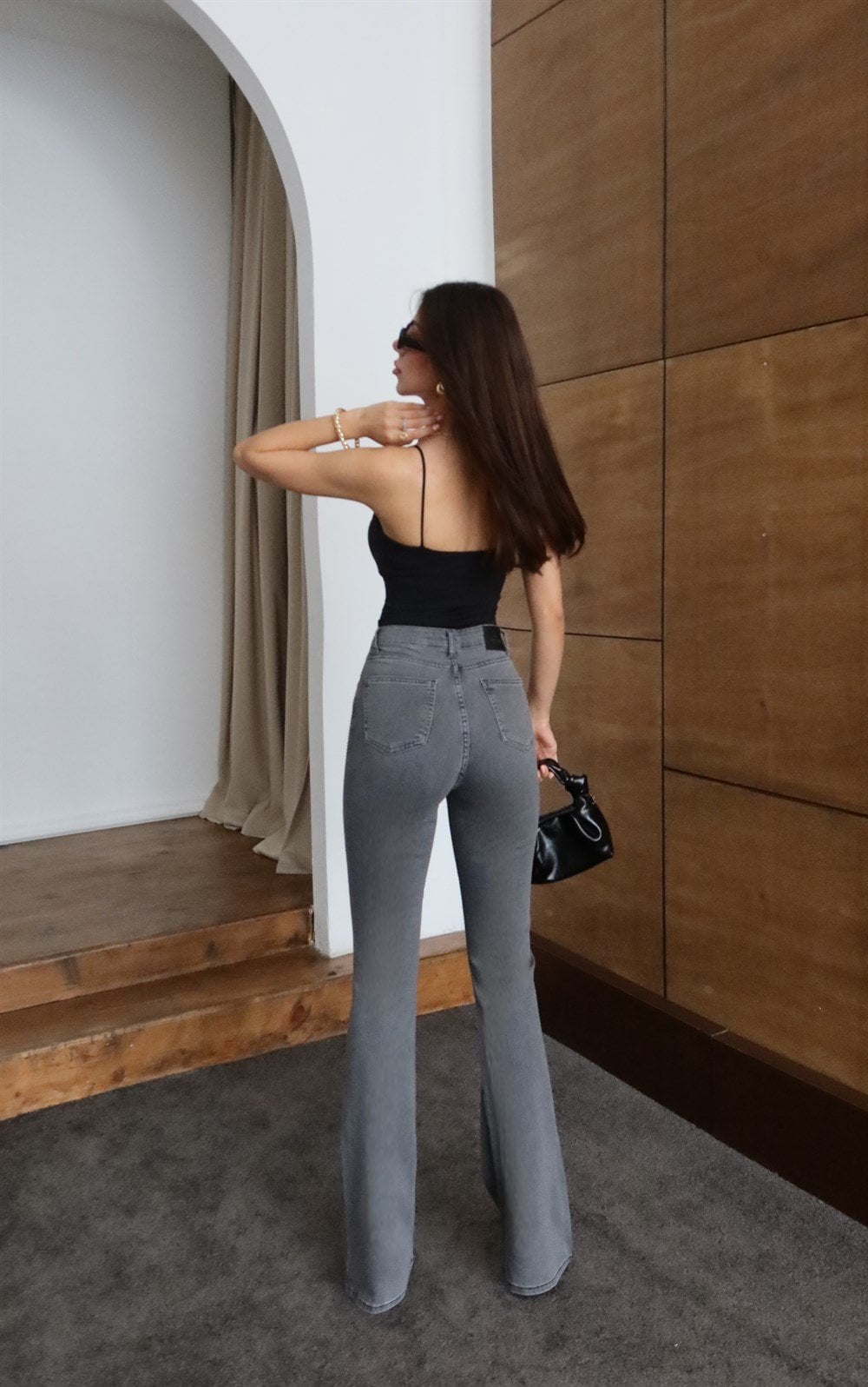 High-Waist Flared Rhinestone Detail Anthracite Jeans - Lacarino Jeans - by Peralane - photo 6