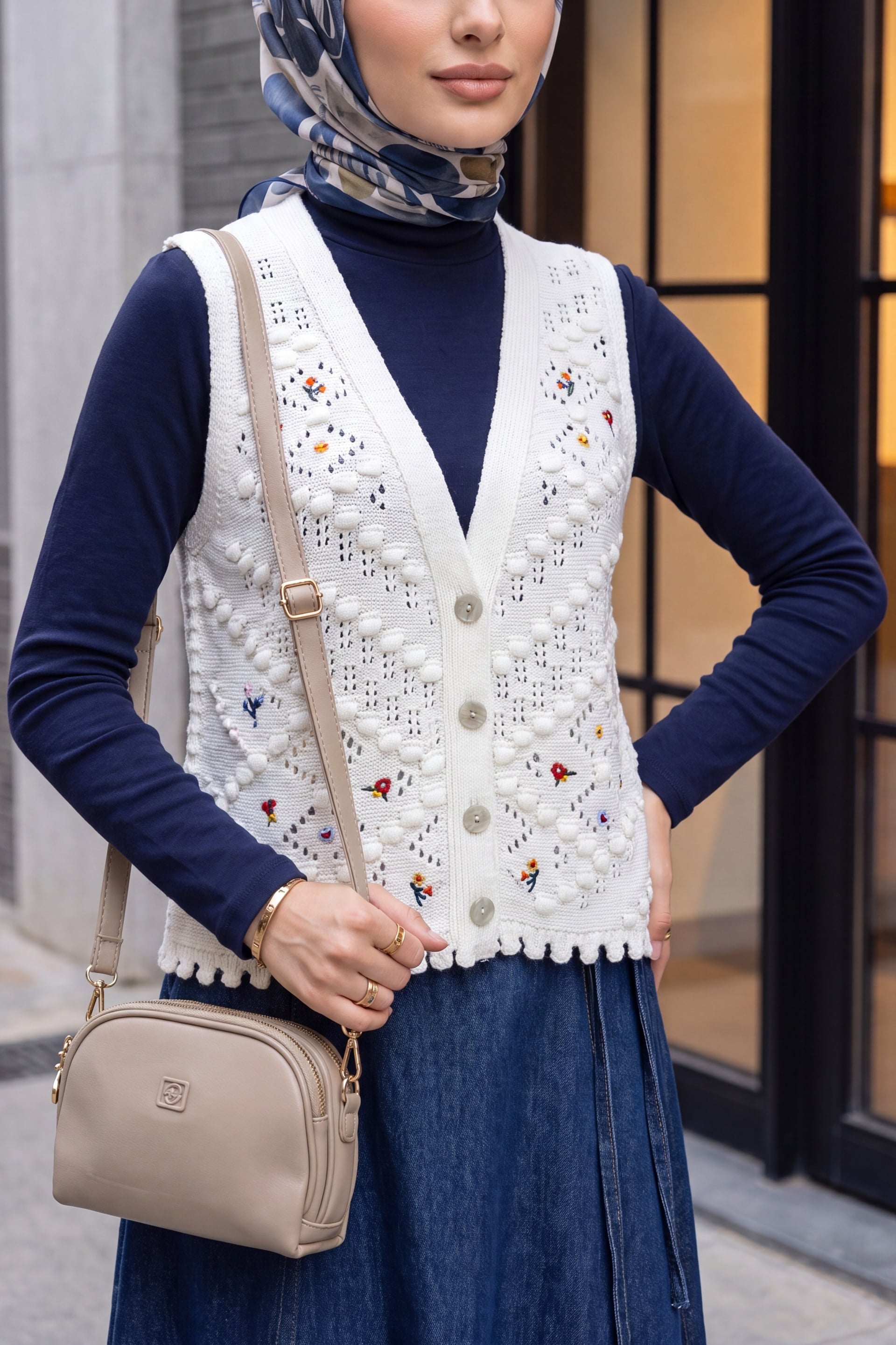 Ecru Sleeveless V-Neck Cardigan with Floral Embroidery and Pom-Pom Details - Podyumplus - by Peralane - photo 2