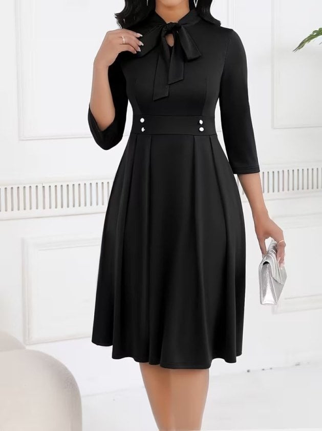 Women's Black Crepe Midi Dress with Bow Neckline and Buttons - Janes - by Peralane