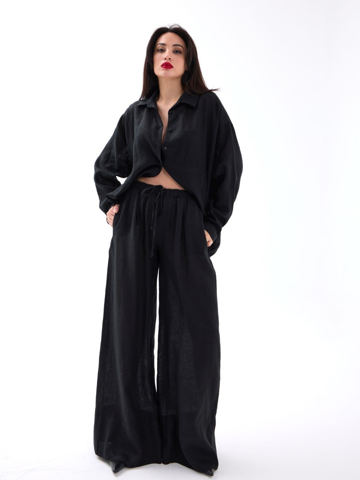 Black Linen Shirt and Wide-Leg Trouser Set - Fame - by Peralane - photo 3