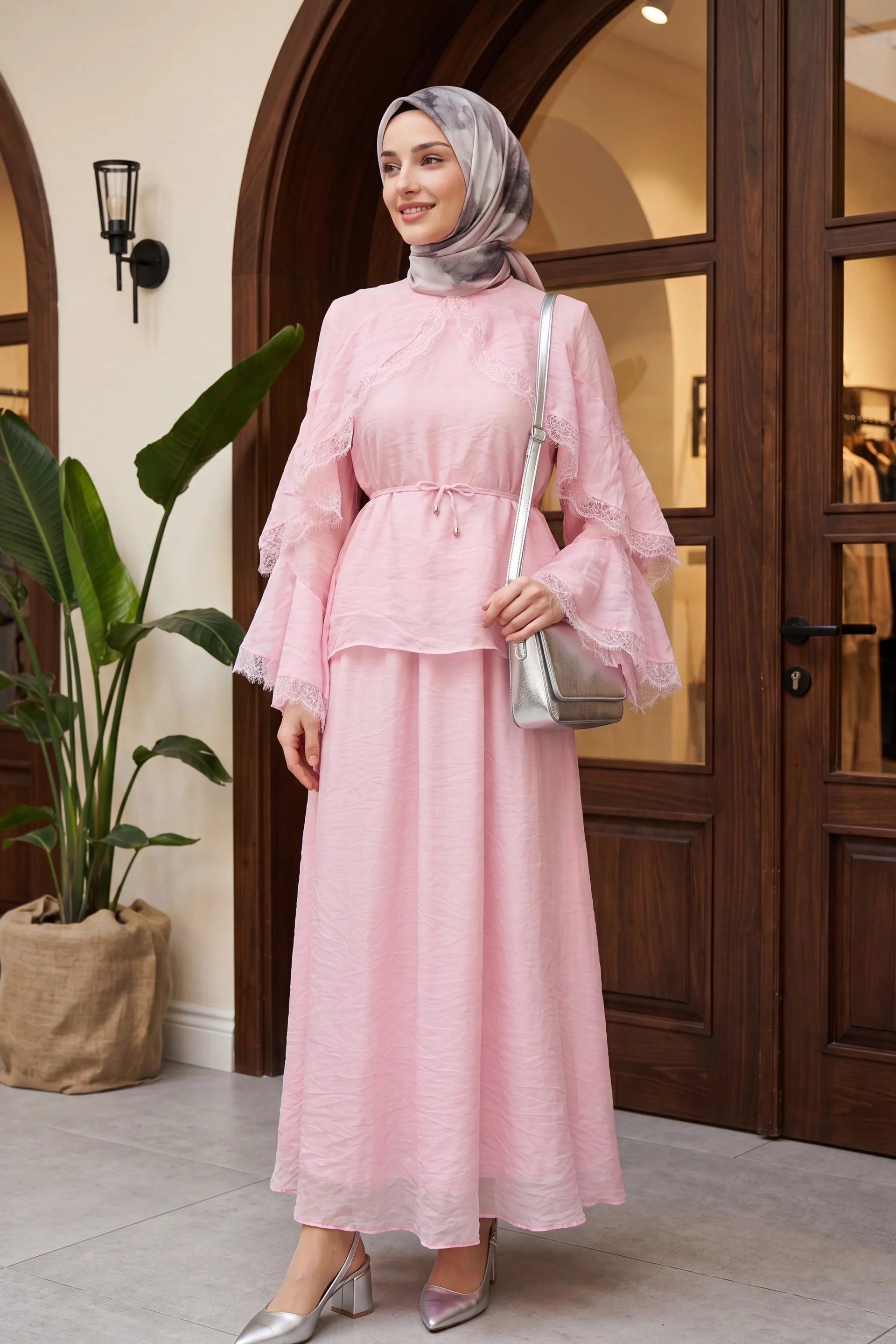Lace Detail Spanish Sleeve Lined Belted Tulle Voile Skirt Set - Pink - Podyumplus - by Peralane - photo 4