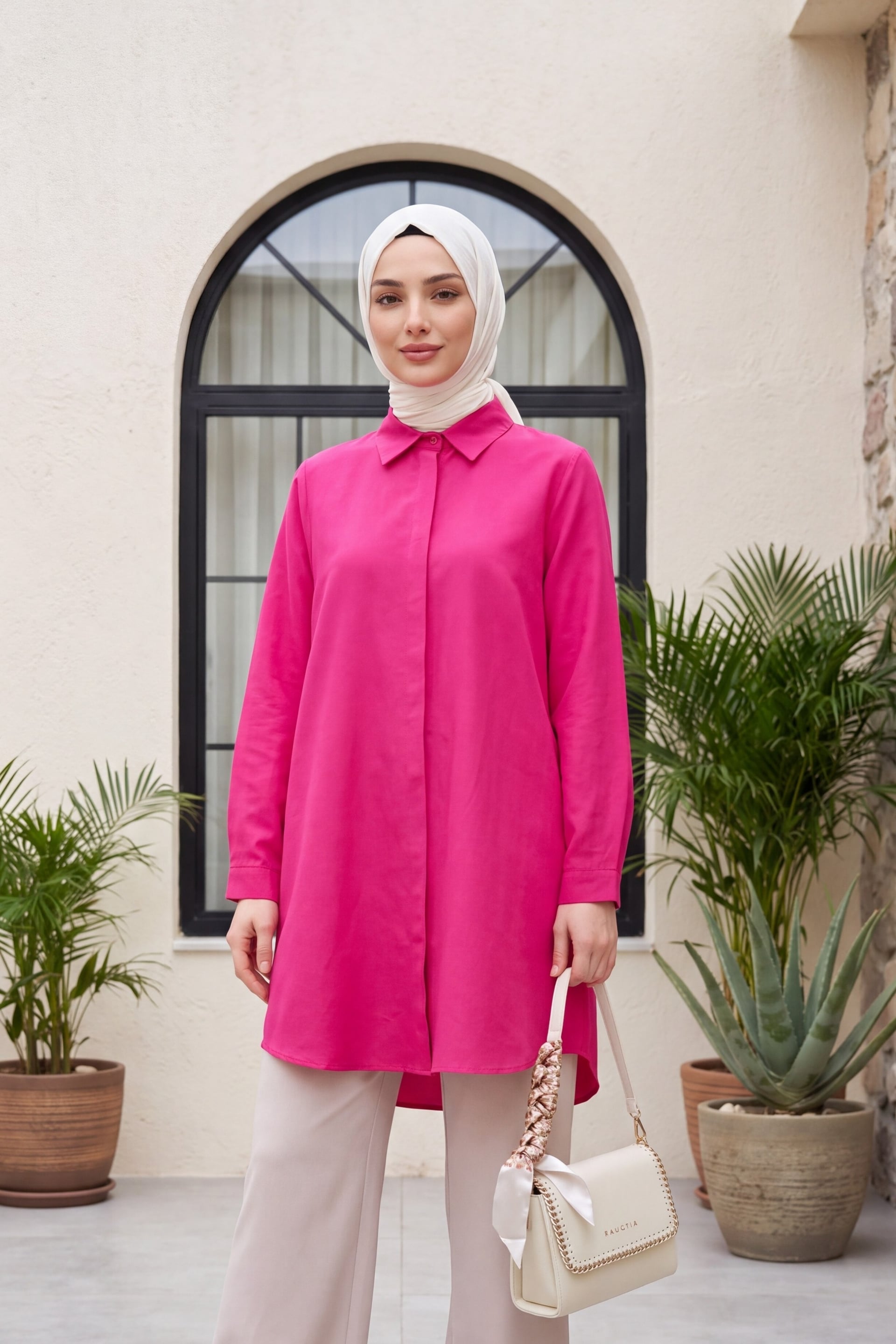 Hidden Button Oval Cut Long Shirt - Fuchsia - Podyumplus - by Peralane