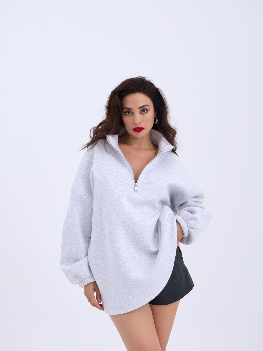 Women's Light Grey Melange Half-Zip Fleece Sweatshirt - Fame - by Peralane - photo 2