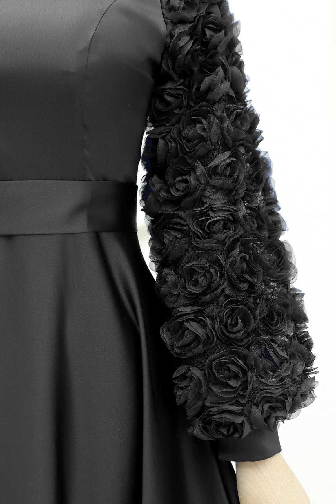 Black Satin Evening Dress with Rose Details - Podyumplus - by Peralane - photo 5