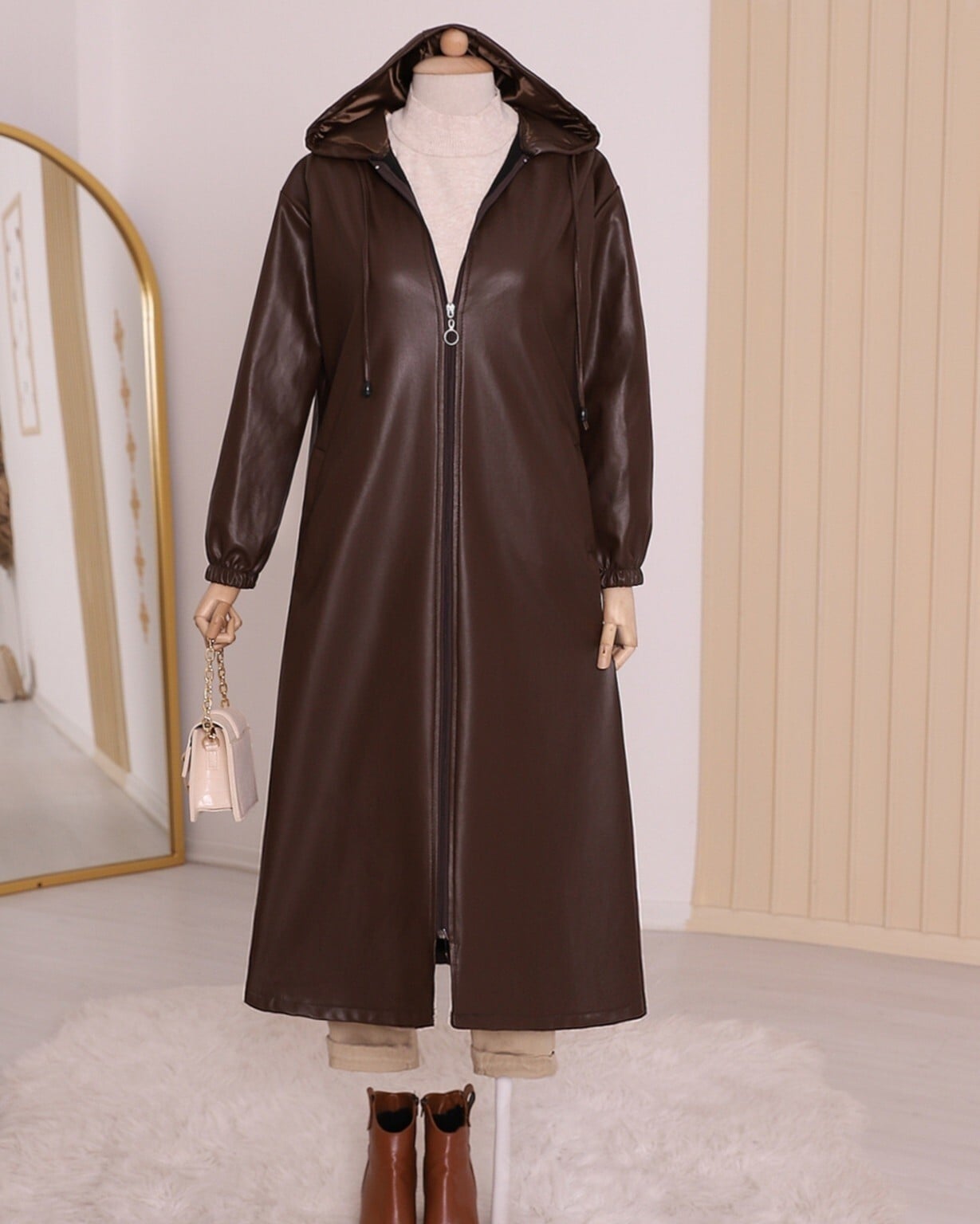 Hooded Zip-Up Faux Leather Coat in Brown - Podyumplus - by Peralane - photo 3