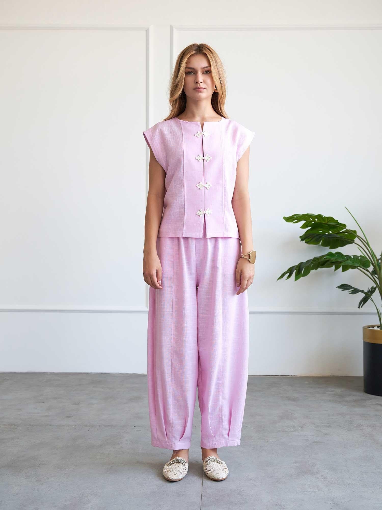 Light Pink Mandarin Collar Linen Blend Two-Piece Set for Women - Lefon - by Peralane