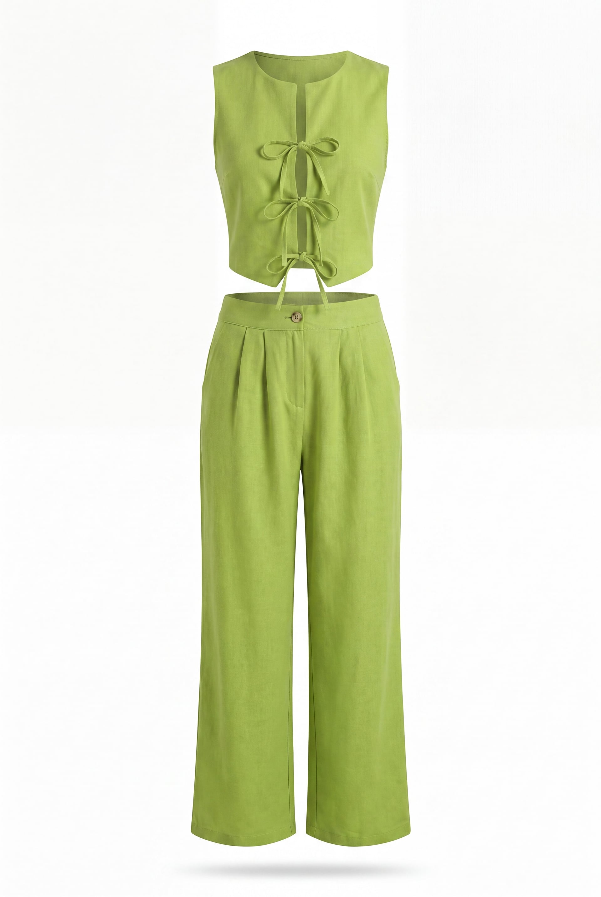Lace-Up Vest and Wide-Leg Trousers Linen Look Co-ord Set in Oil Green - Podyumplus - by Peralane - photo 4