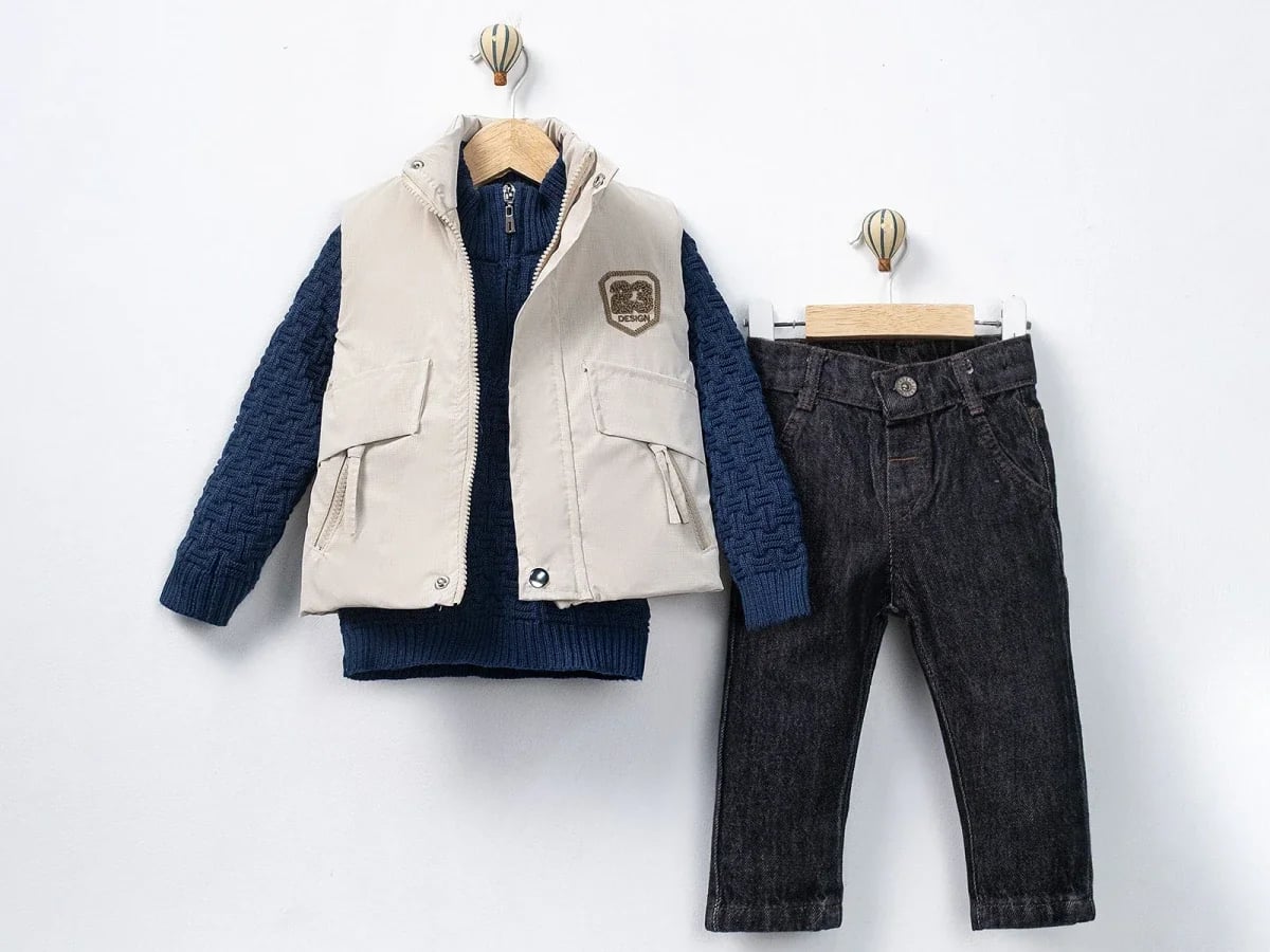 Navy Knit Sweater, Beige Vest and Grey Jeans Set for Boys (1-4 Years) - Canoz - by Peralane