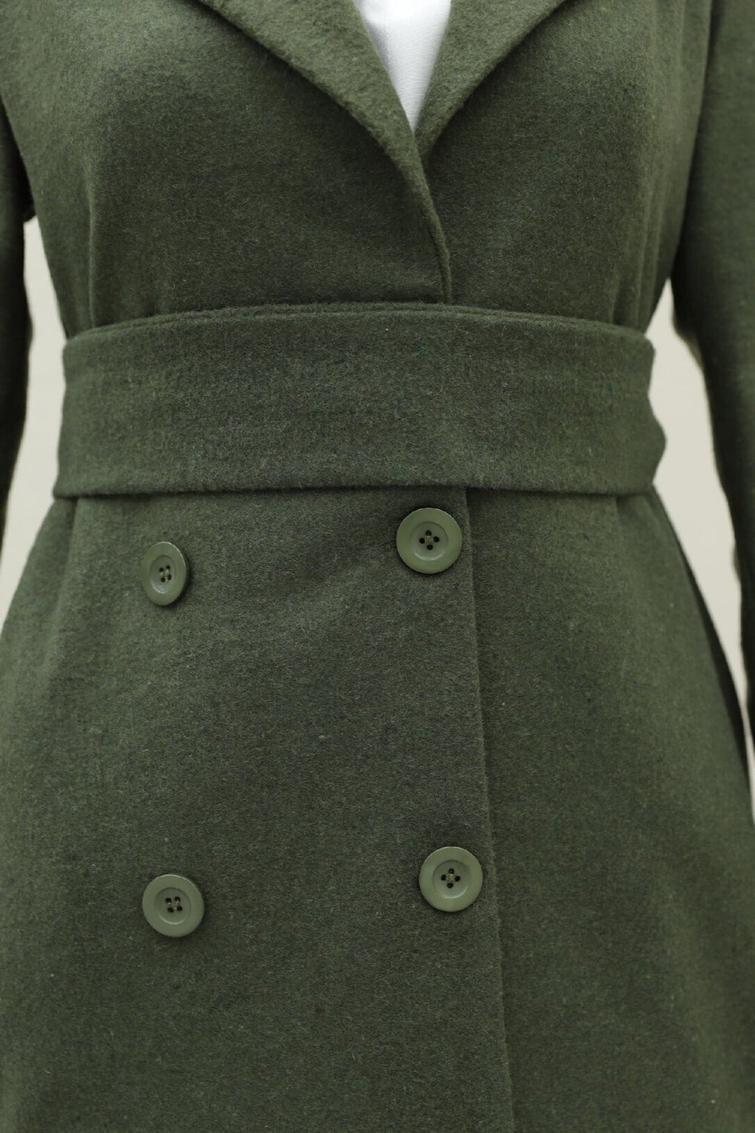 Olive Green Double-Breasted Belted Wool Blend Coat with Back Bolero Detail - Podyumplus - by Peralane - photo 8