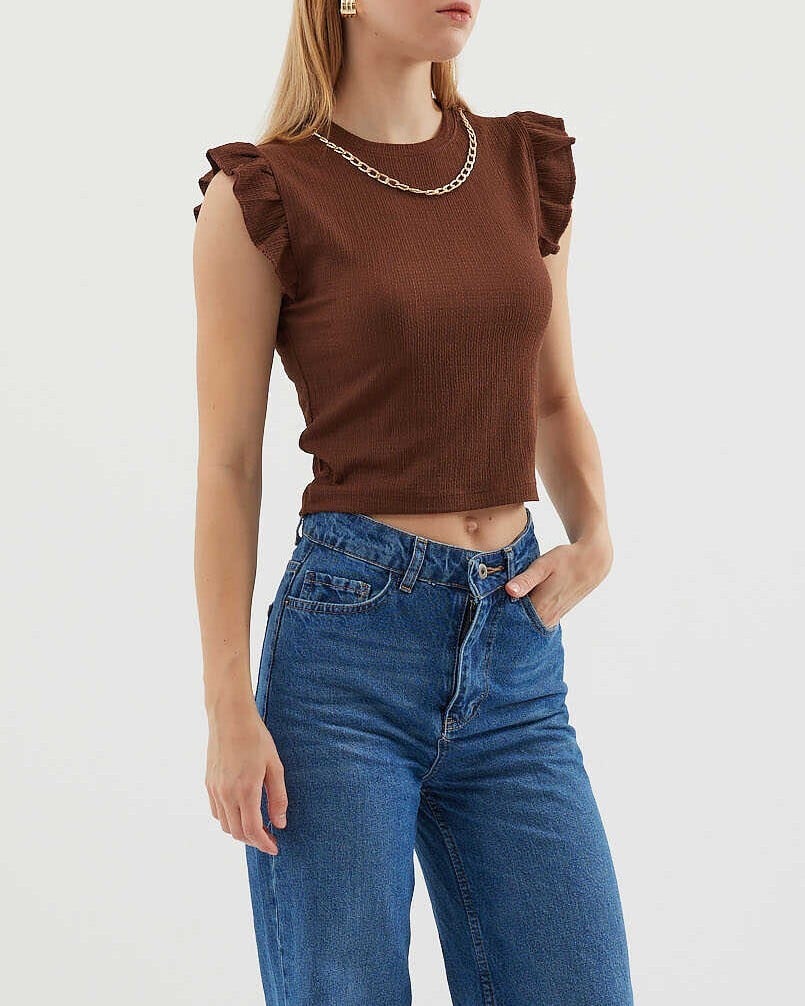 Brown Ribbed Knit Blouse with Ruffled Cap Sleeves - Bigdart - by Peralane - photo 3
