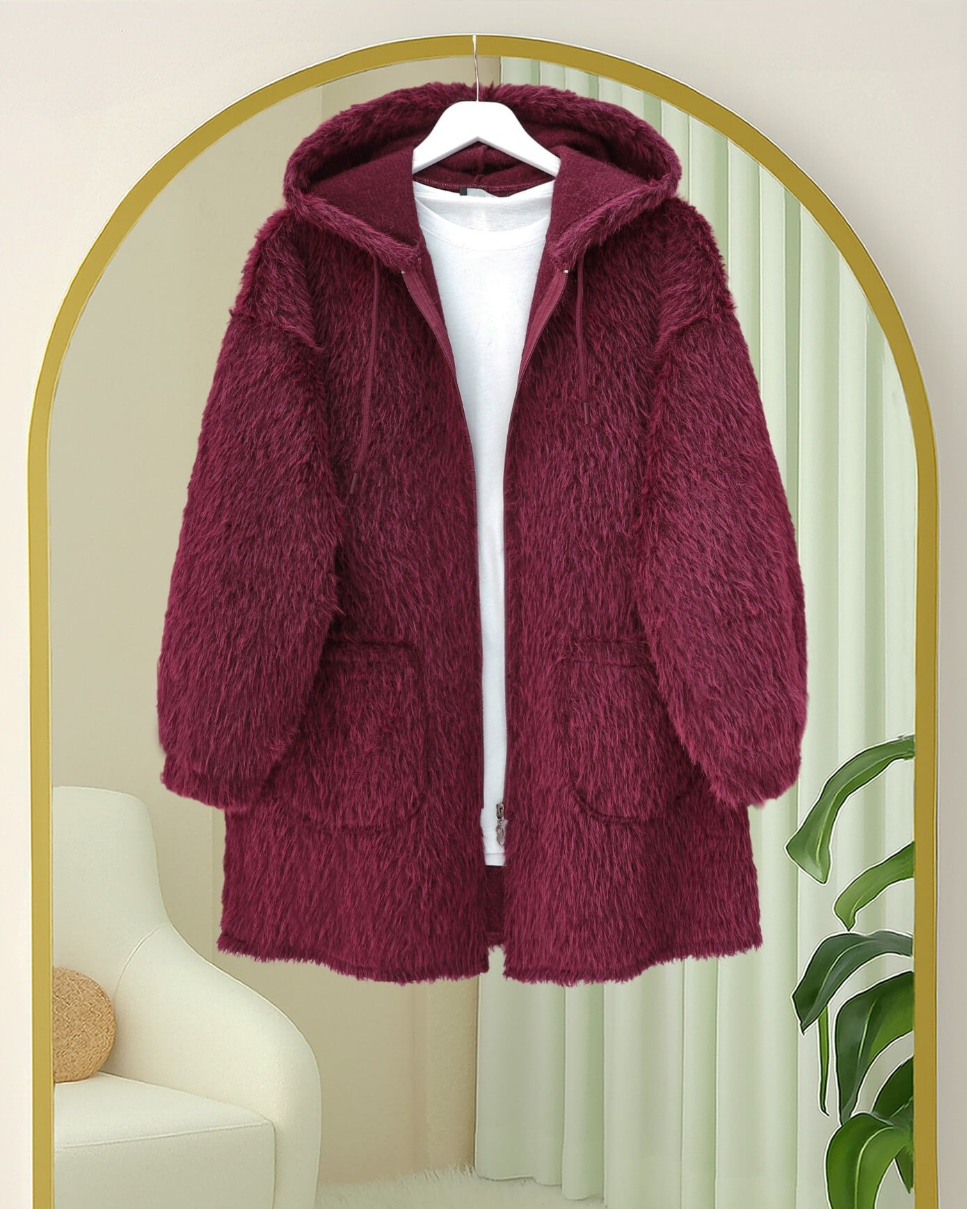 Hooded Zip-Up Fleece Jacket with Pockets - Burgundy - Podyumplus - by Peralane - photo 3