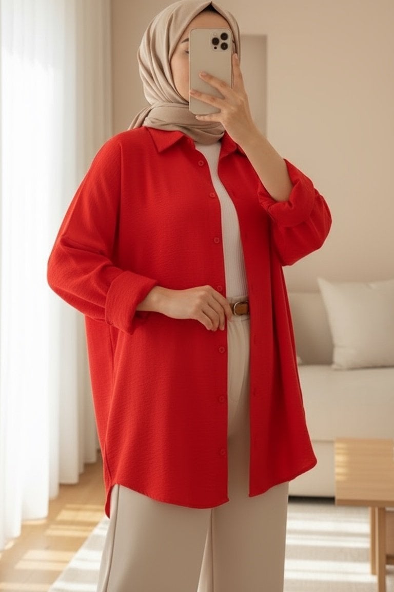Oversize Basic Modest Shirt - Red - Bigdart - by Peralane