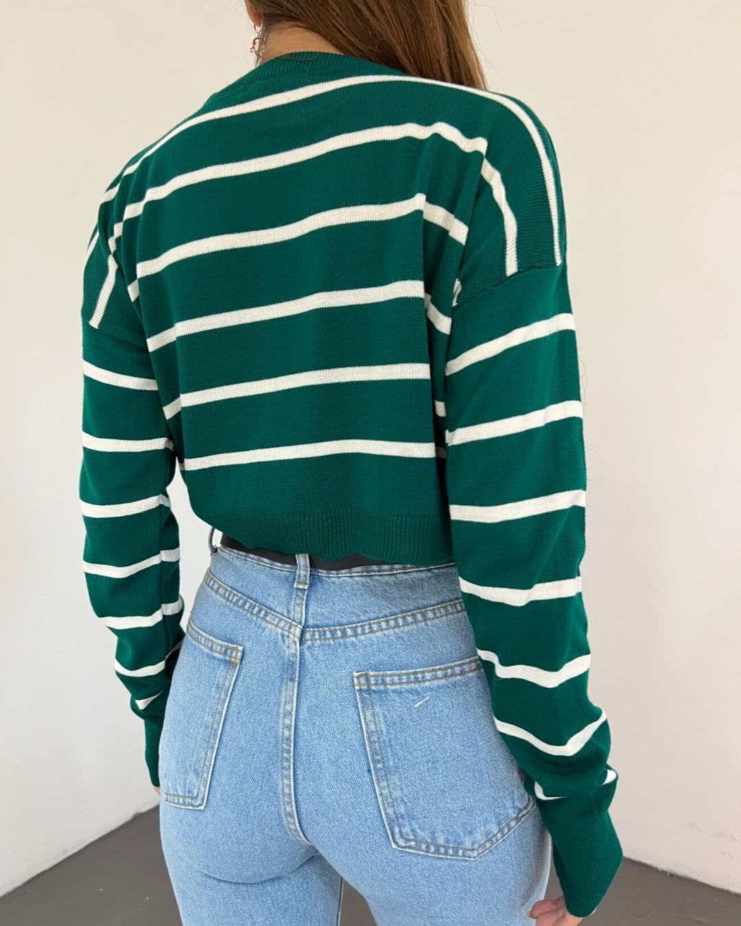 Striped Crop Knit Sweater in Dark Green - Podyumplus - by Peralane - photo 4