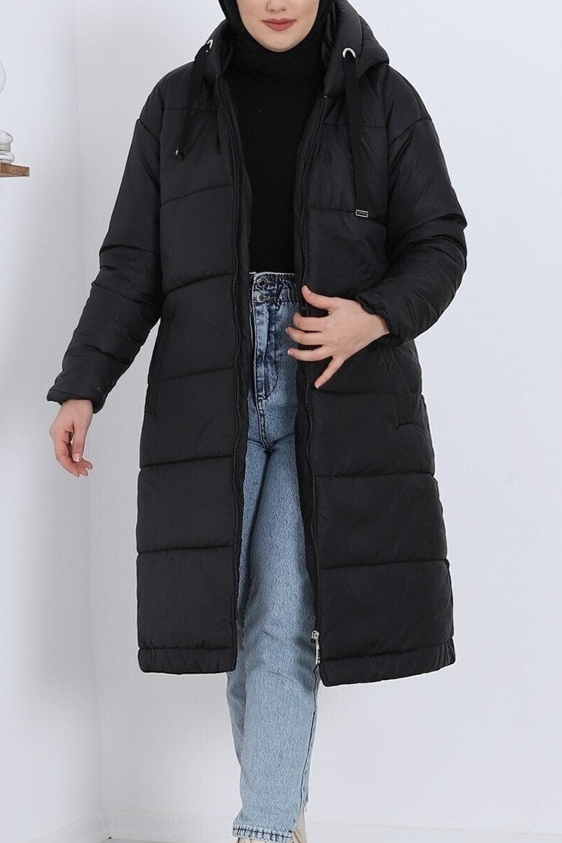 Fixed Hooded Quilted Long Puffer Coat - Black - Podyumplus - by Peralane