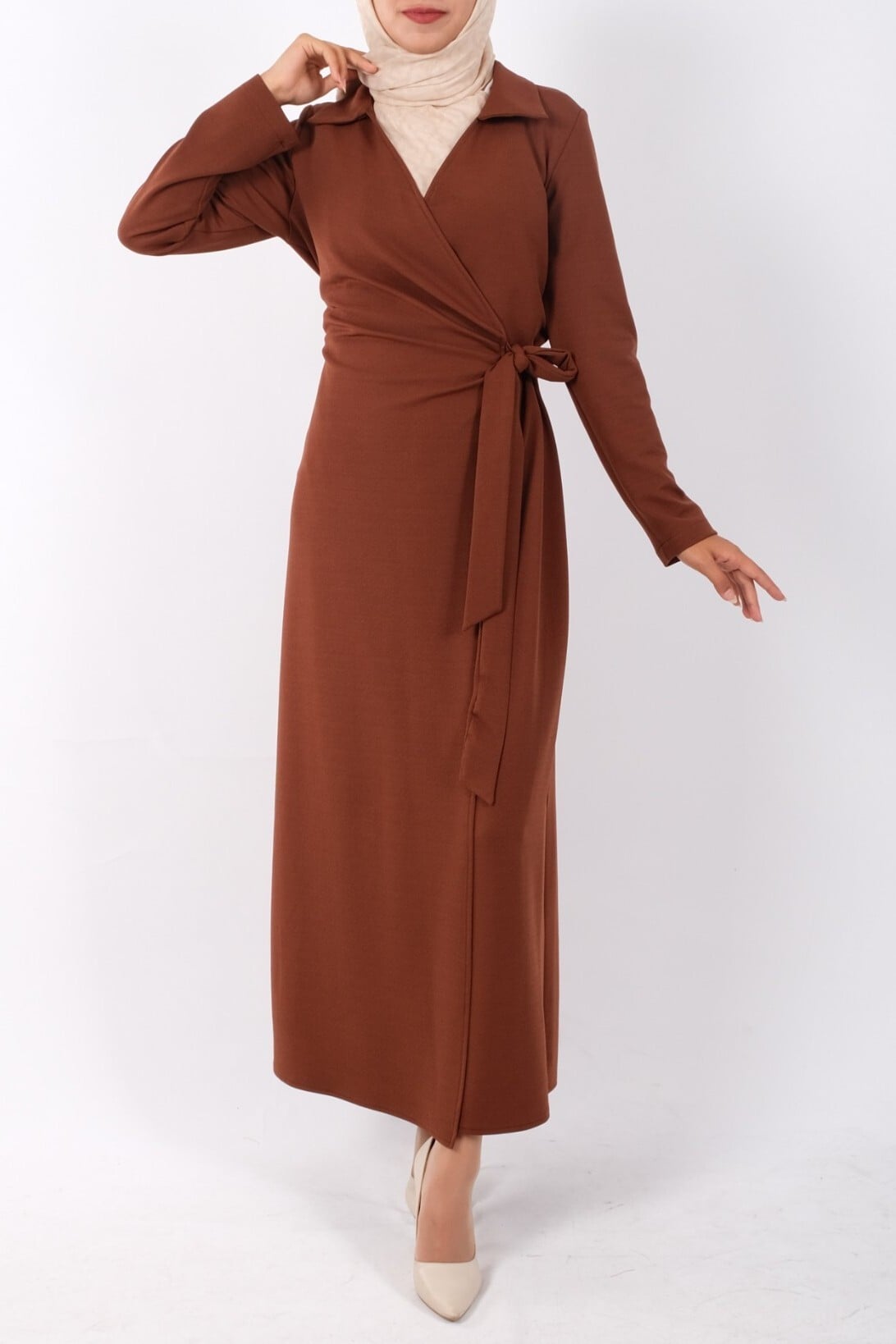 Women's Solid Brown Double-Layer Wrap Dress with Side Tie - Podyumplus - by Peralane