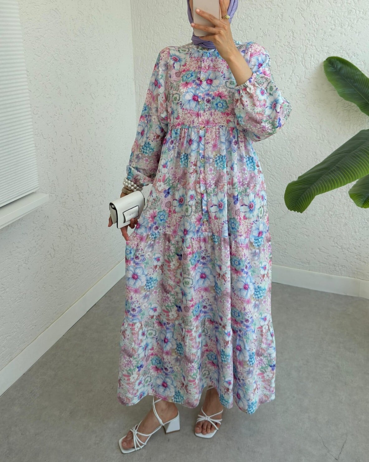 Half Button Long Sleeve Floral Print Dress - Powder - Podyumplus - by Peralane - photo 5