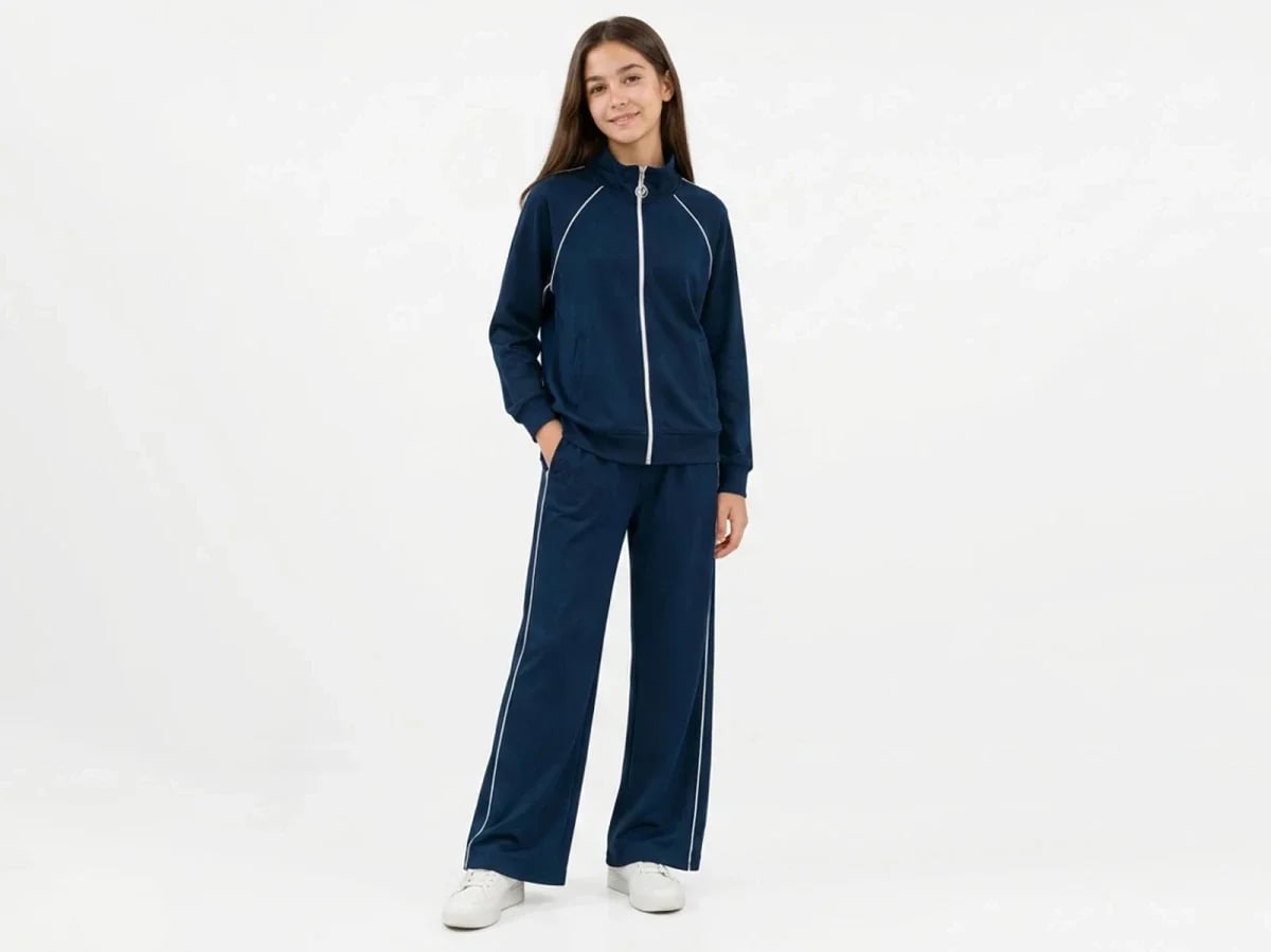 Girls' Zip-Up Tracksuit Set with White Piping - Navy - Mensis - by Peralane