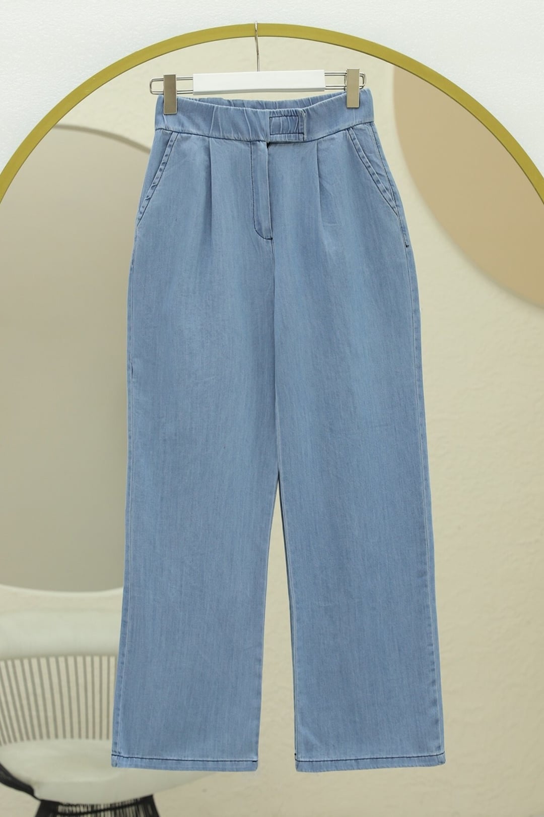 Light Blue Pleated Wide-Leg Denim Trousers with Elastic Waist and Velcro - Podyumplus - by Peralane - photo 5