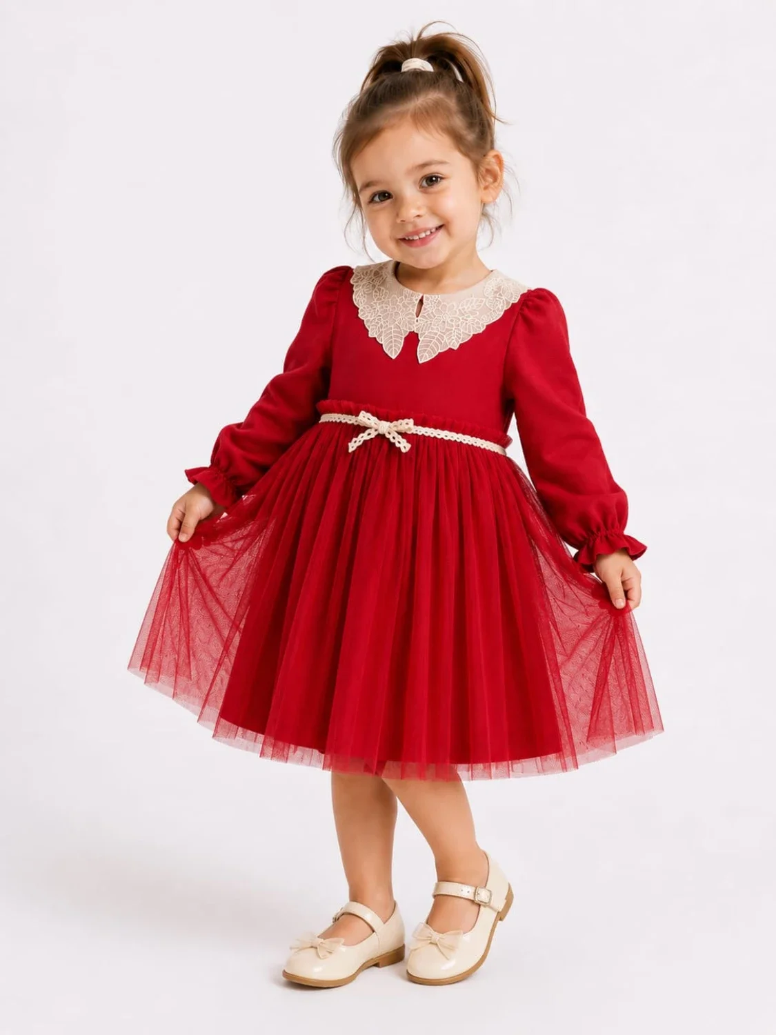 Girl's Red Tulle Dress with Broderie Collar - 1045 - Serkon Baby - by Peralane