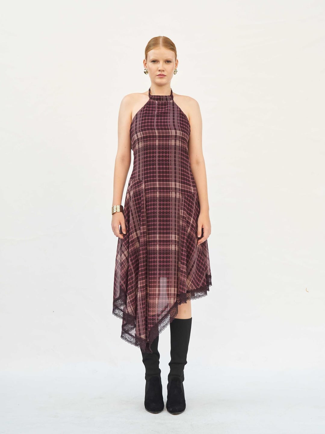 111808 Burgundy and Beige Plaid Maxi Dress with Lace Trim - Lefon - by Peralane