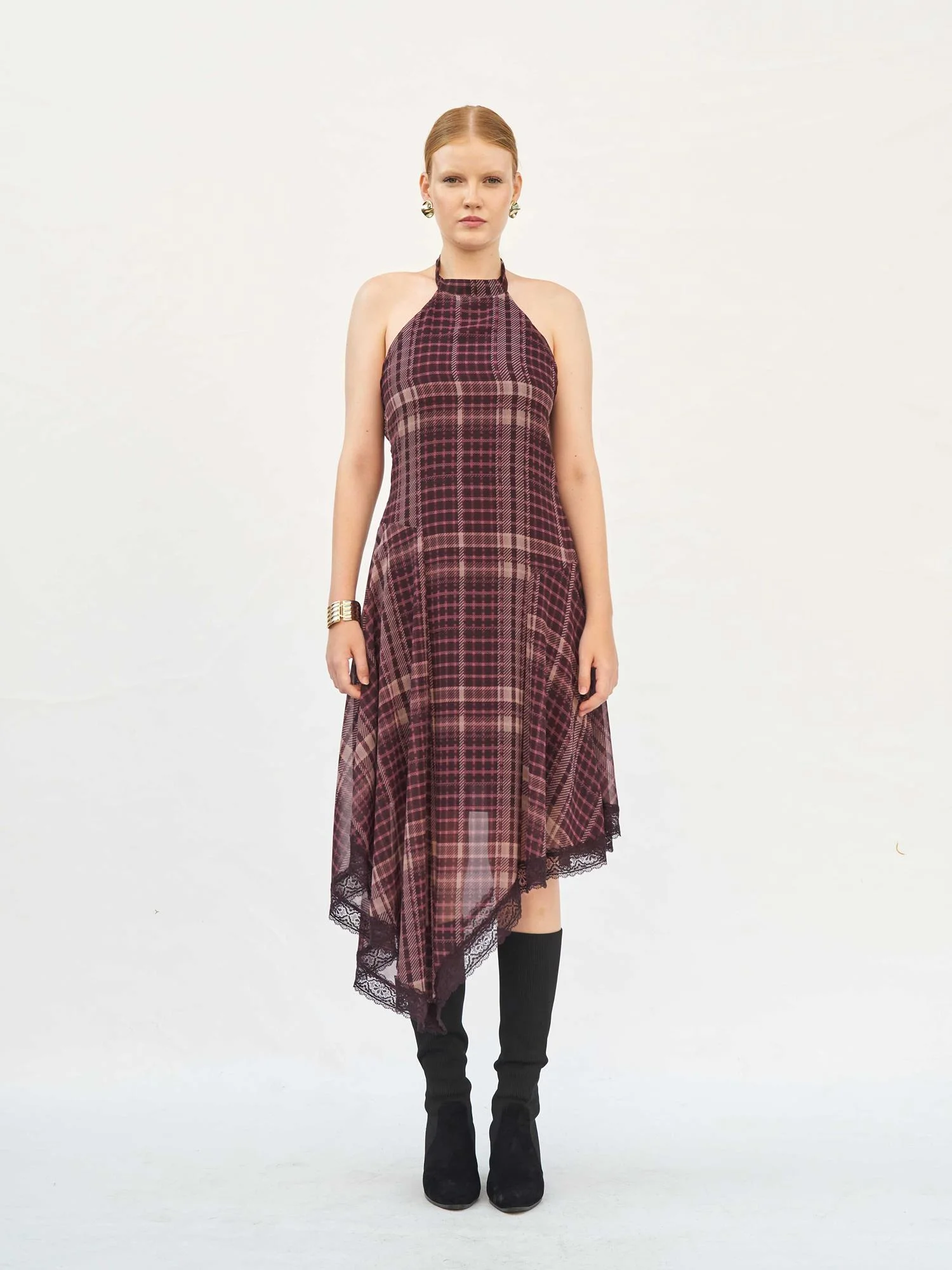 111808 Burgundy and Beige Plaid Maxi Dress with Lace Trim - Lefon - by Peralane