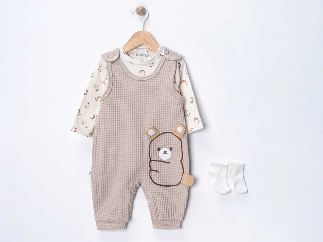 Bear Print Baby Romper and Bodysuit Set - Beige - Nafitto - by Peralane