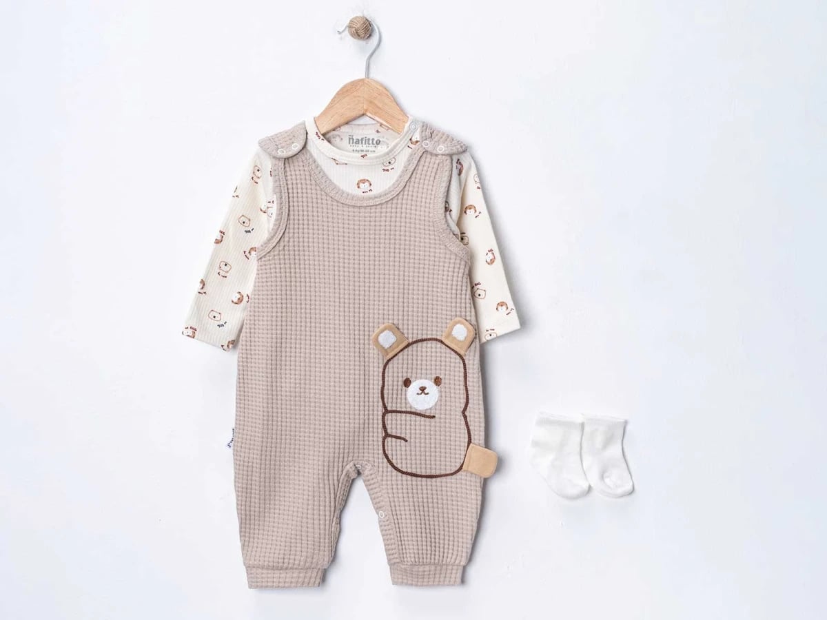 Bear Print Baby Romper and Bodysuit Set - Beige - Nafitto - by Peralane